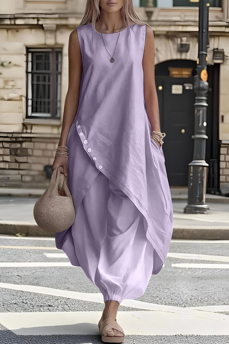 Plus Size Friendly Women's Everyday Round-Neck Linen Midi Dress with Asymmetrical Hem and Pockets - Nordfashionstorm - Women's Clothing, Fashion for You - Nordfashionstorm.com