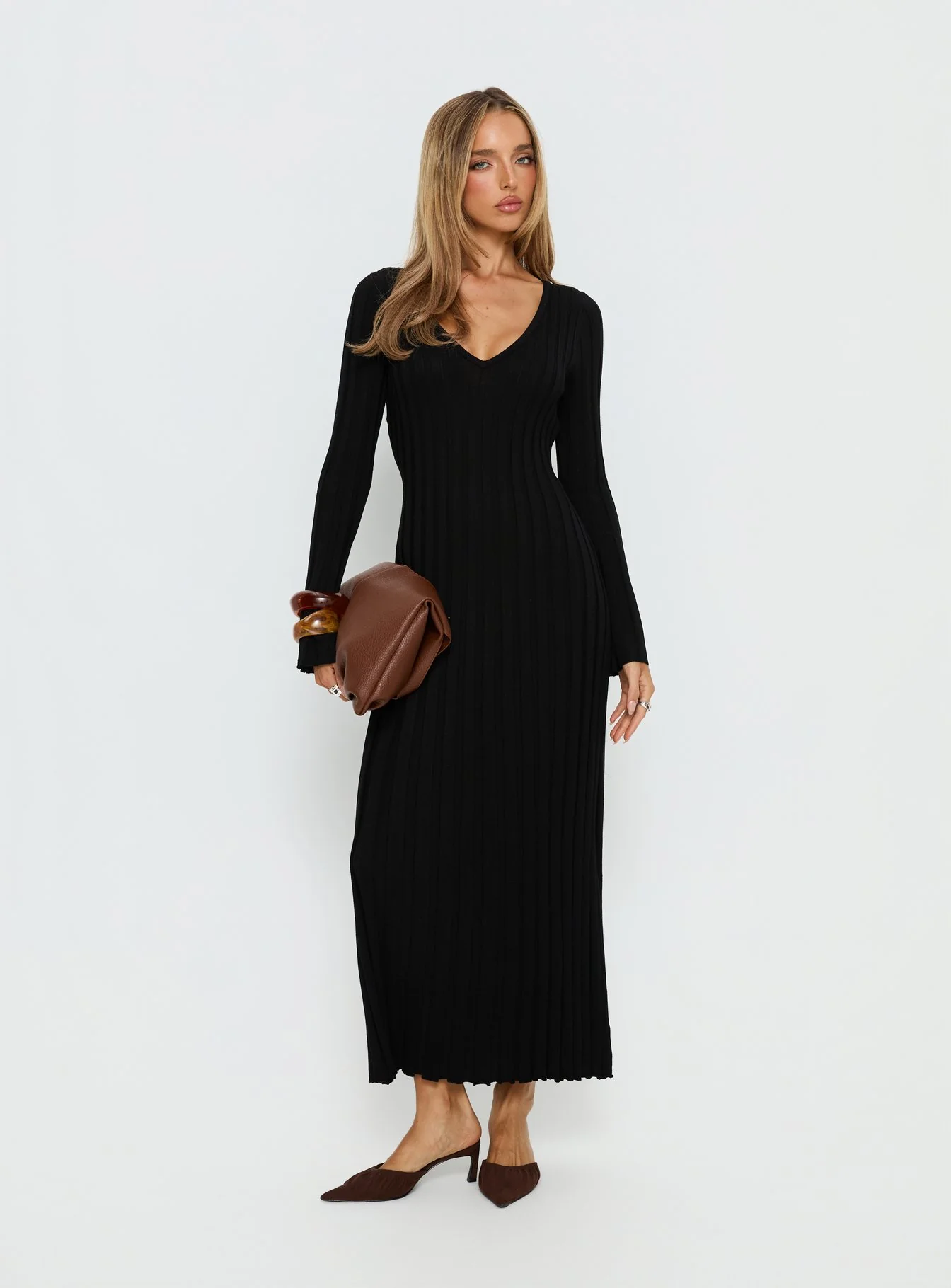 Gratuita Long Sleeve Rib Maxi Dress Black