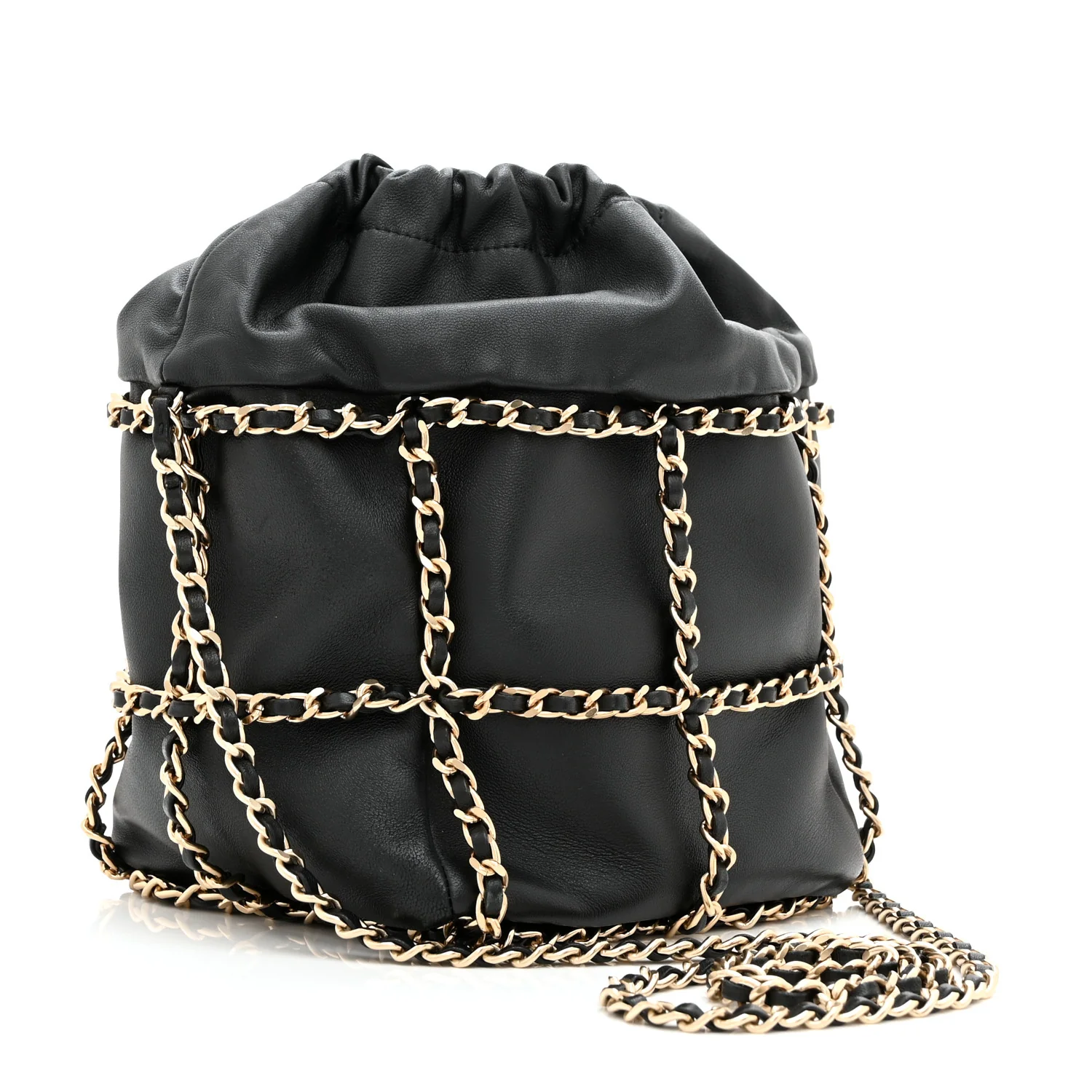 Lambskin Bucket Chain Drawstring Bag Black - Top Club