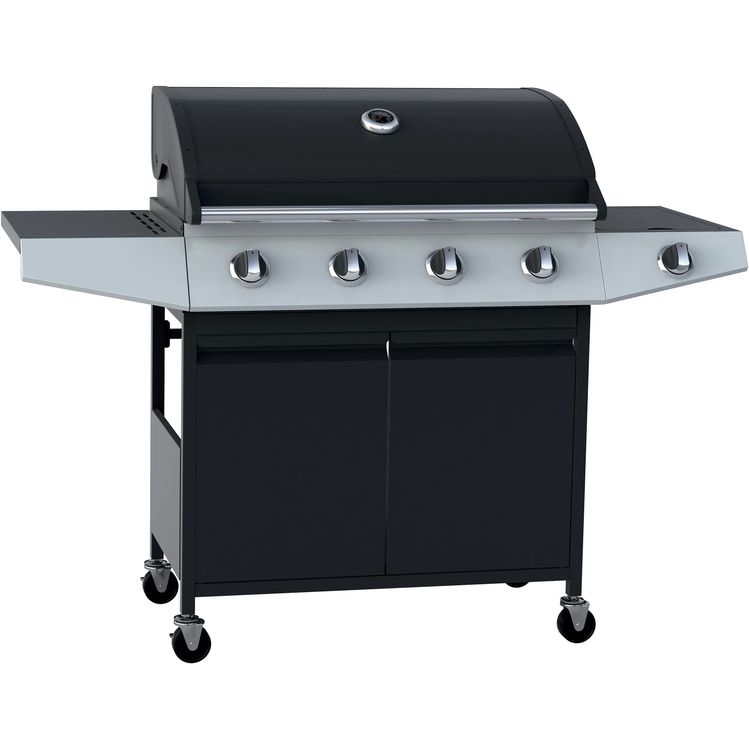 Barbecue a gas 4+1 bruciatori nero con fornello laterale e coperchio
