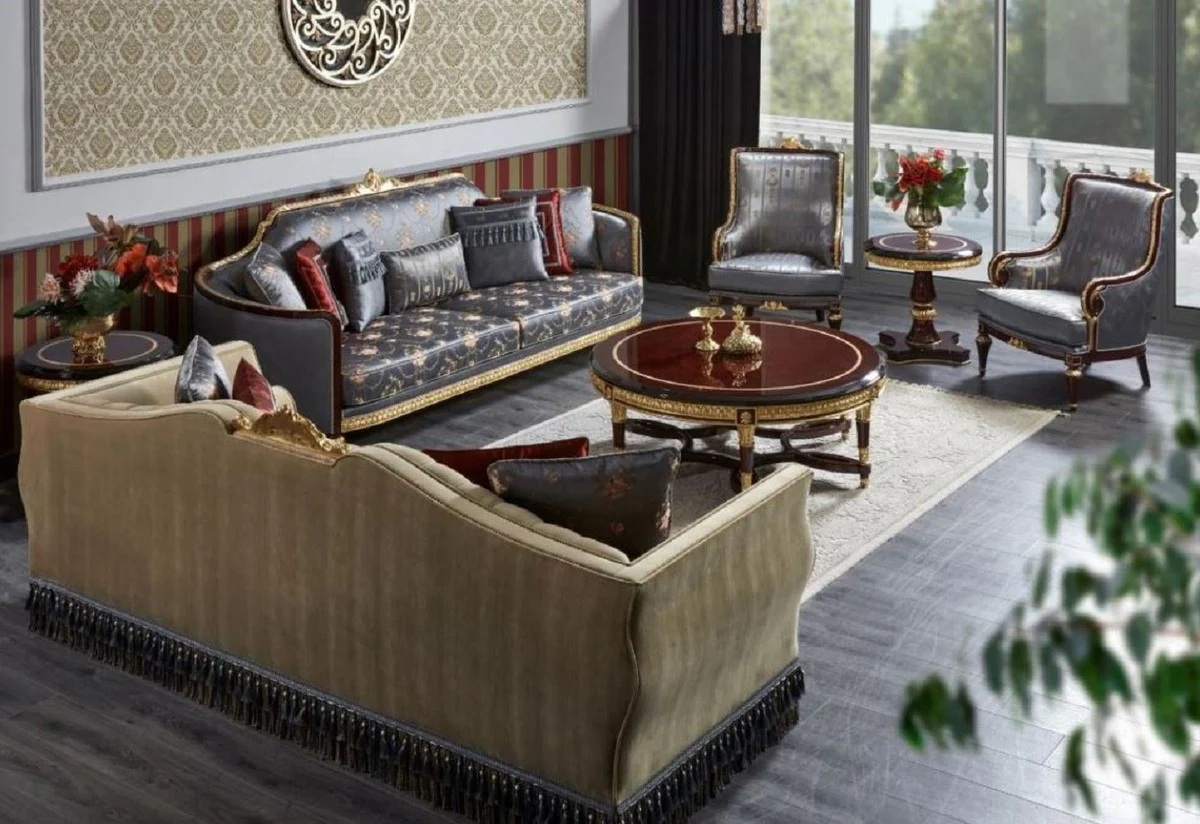 Luxury Baroque Living Room Set Beige / Blue / Dark Brown / Gold - 2 Sofas & 2 Armchairs & 1 Coffee Table & 2 Side Tables - Handmade Living Room Furniture in Baroque Style - Noble & Magnificent