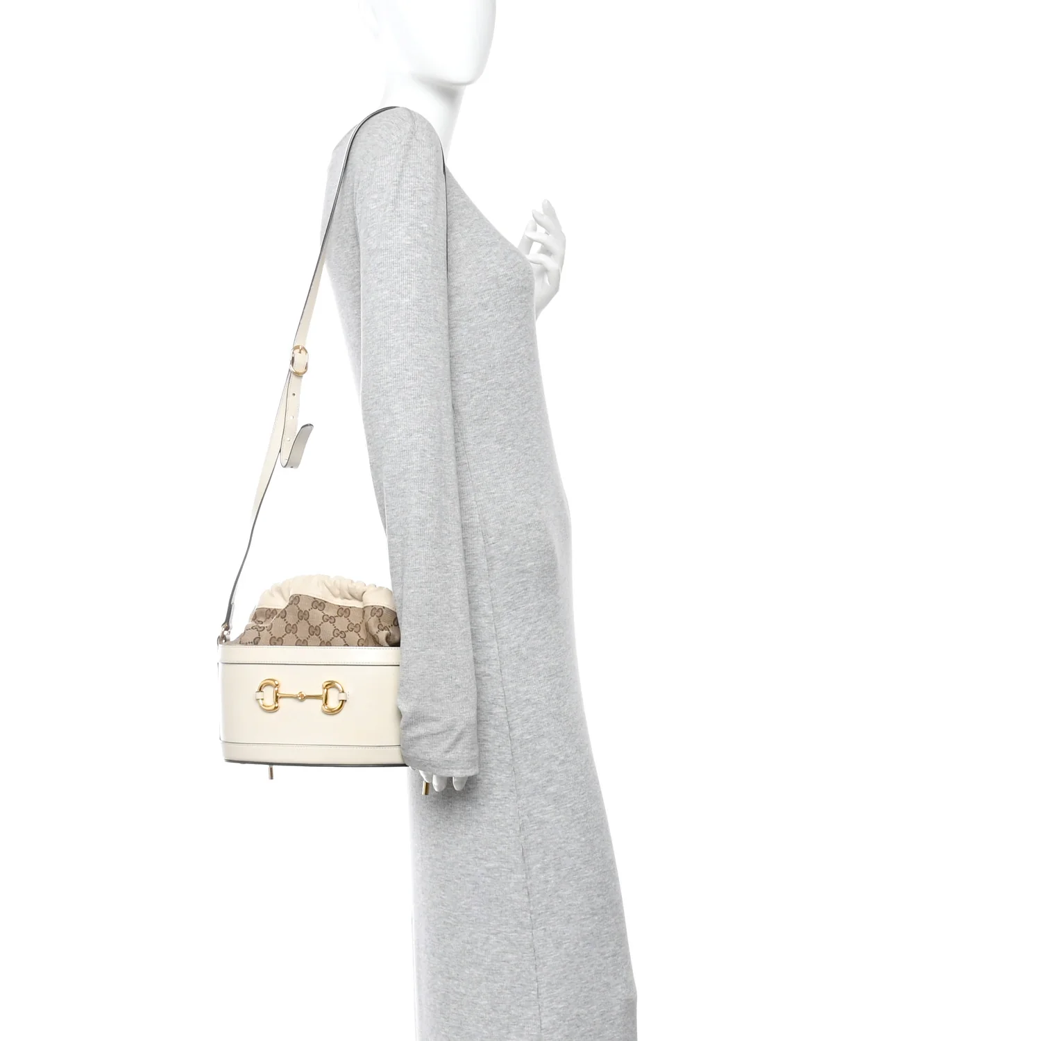 Monogram Textured Calfskin Horsebit 1955 Drawstring Bucket Bag Beige Mystic White
