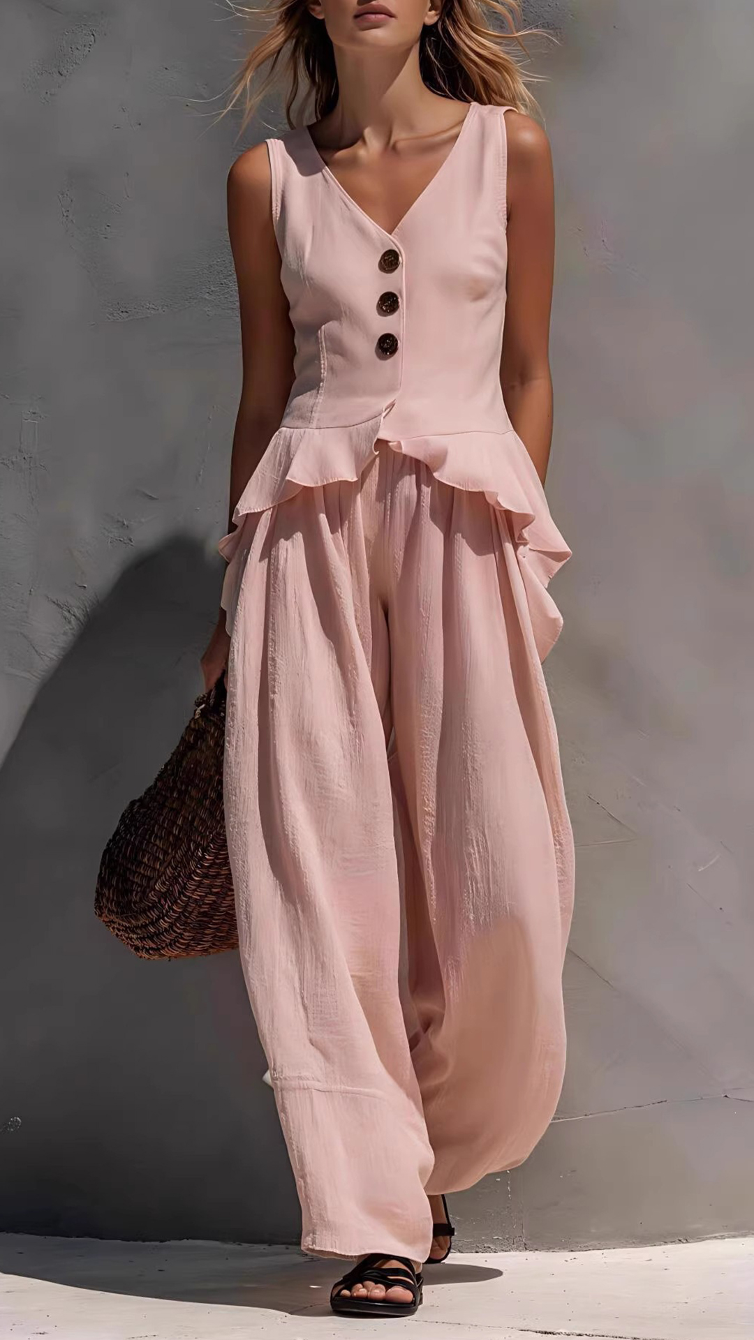 Women's Cotton-Blend White Ruffled Sleeveless Loose Set - Nordfashionstorm - Women's Clothing, Fashion for You - Nordfashionstorm.com