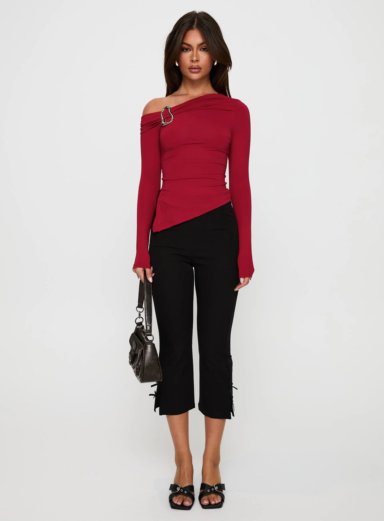 Donalla Off The Shoulder Hardware Detail Top Red