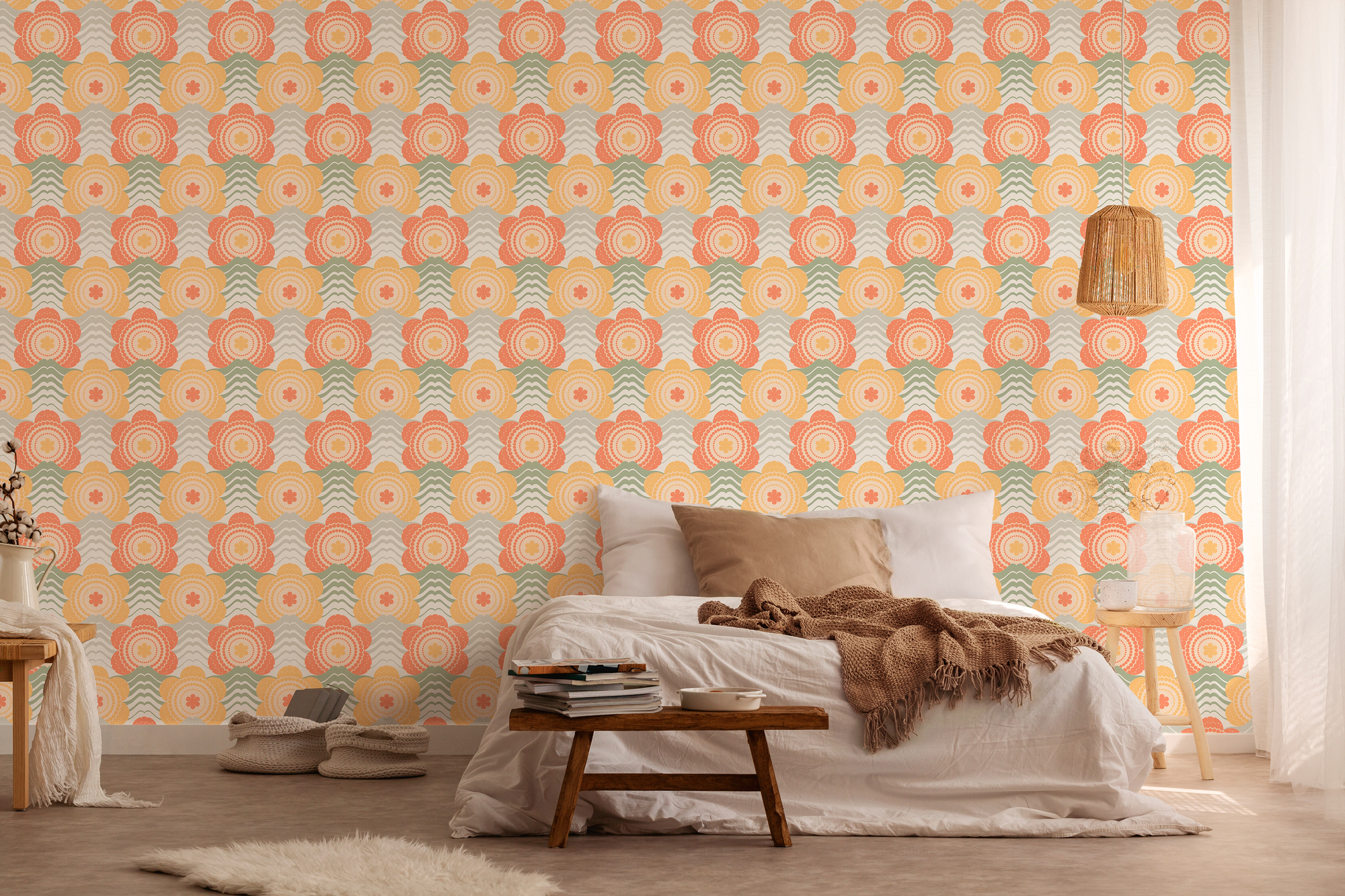 Retro vliesbehang met golven en bloemmotieven – oranje, geel, groen #1