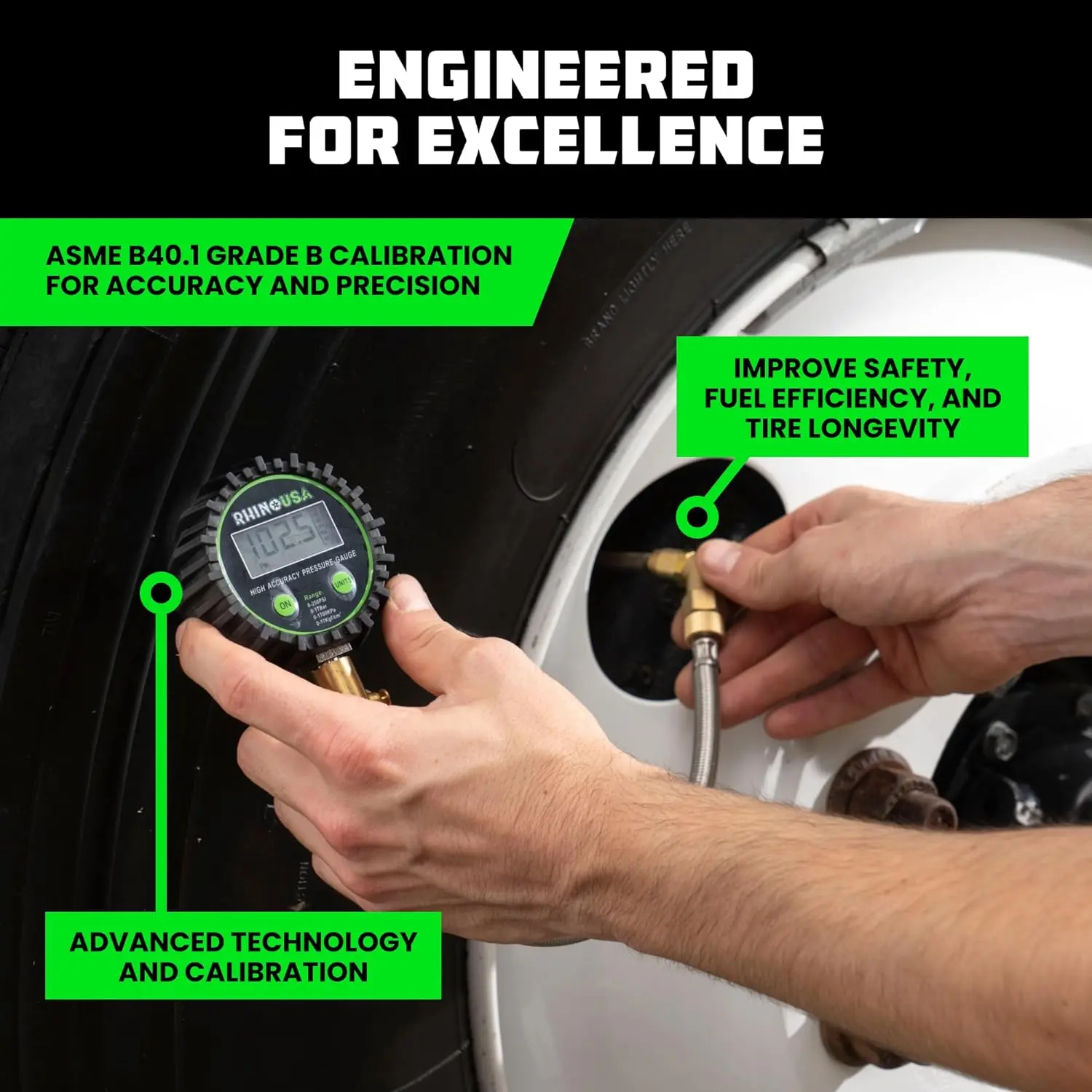 Rhino USA Heavy Duty Digital Tire Pressure Gauge (0-250 PSI) Professional ANSI B40.7 Accurate, Easy Read Glow Dial, Premium Braided Hose