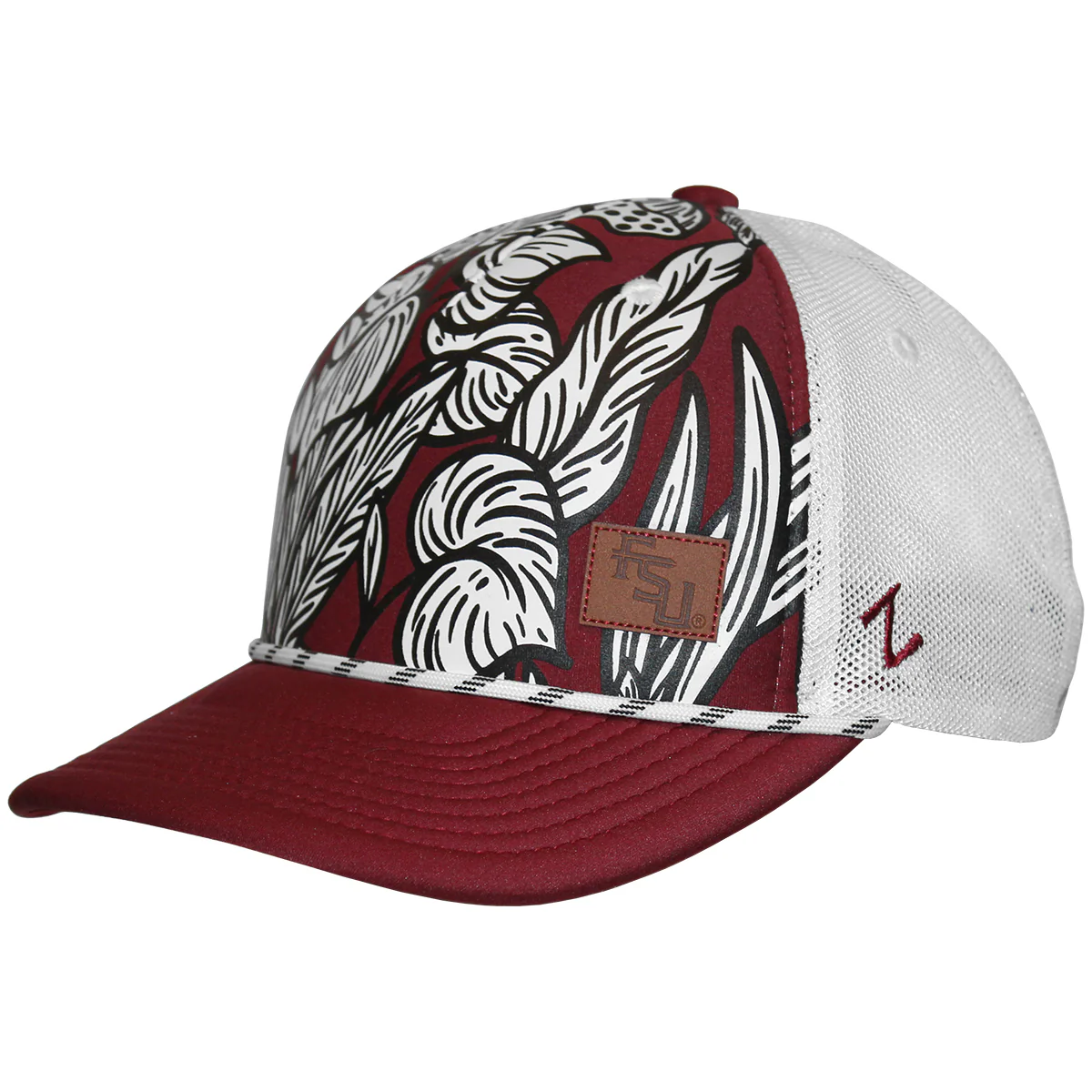 Zephyr Women's Stacked FSU Leather Patch Adjustable Floral Pattern Trucker Cap - Garnet/White - MoB Apparel