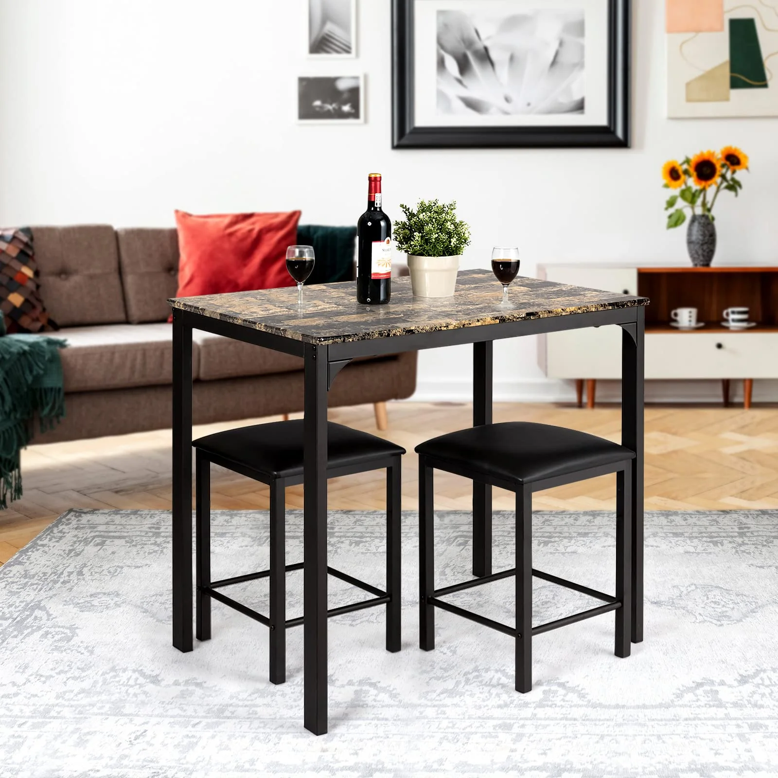 BEFOUNDLOVELY 3 Piece Dining Table and Chairs Set with Faux Marble Tabletop 2 Chairs