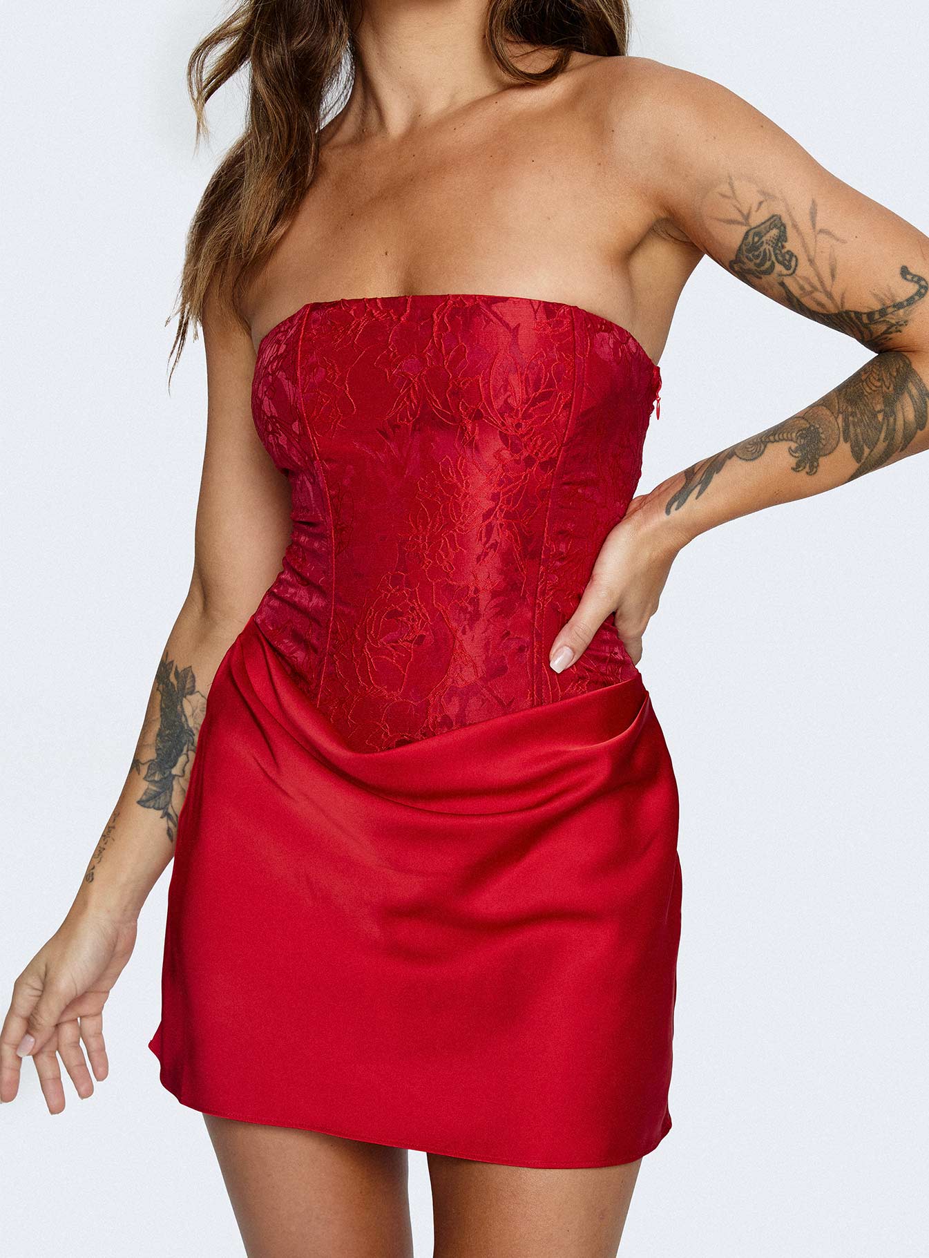 Jenevieve Strapless Drape Mini Dress Red
