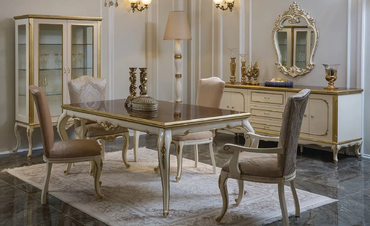 Luxury Baroque Dining Table Brown / White / Gold - Handcrafted Solid Wood Kitchen Table - Baroque Dining Room Furniture - Noble & Magnificent