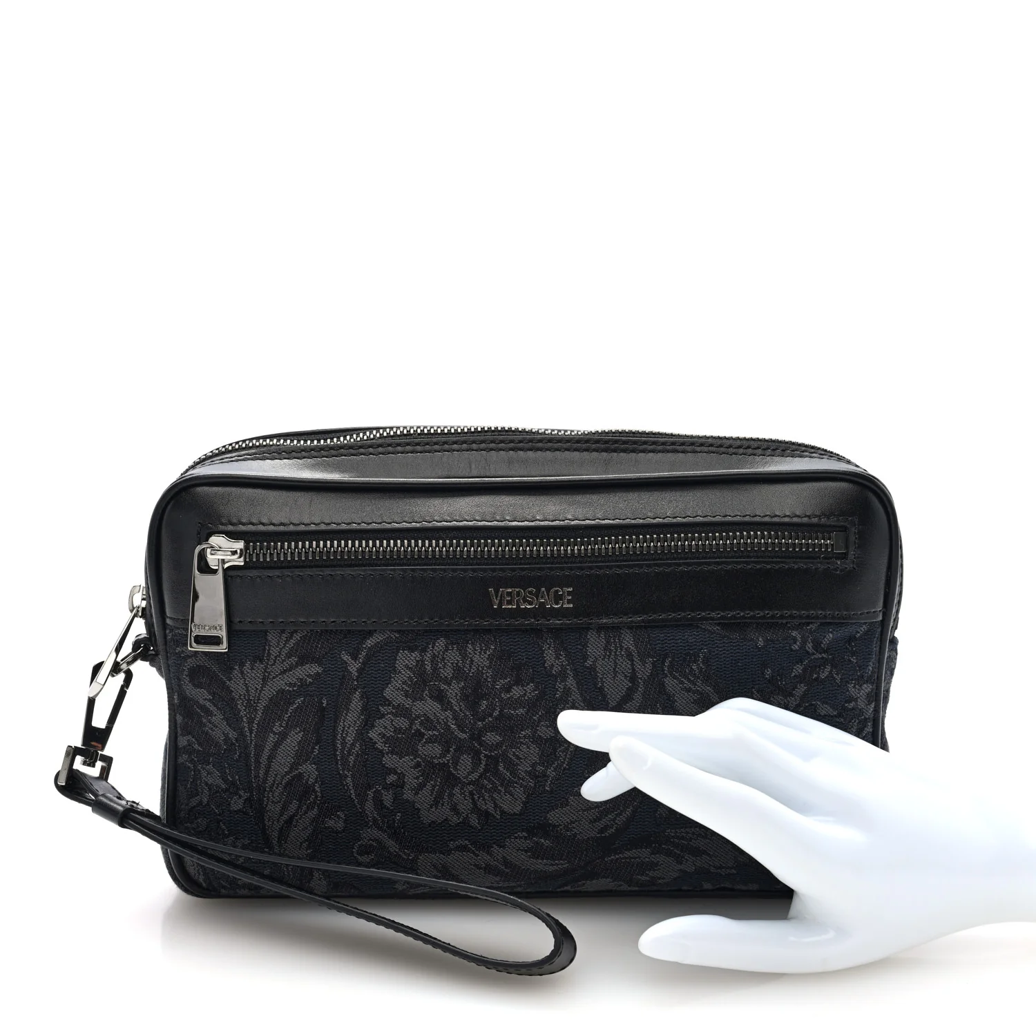Fabric Jacquard Calfskin Barocco Wristlet Pouch Black