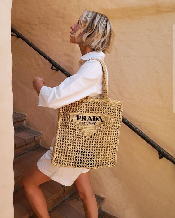 Prada Women's Natural Crochet Tote Bag-Khaki - Top Club