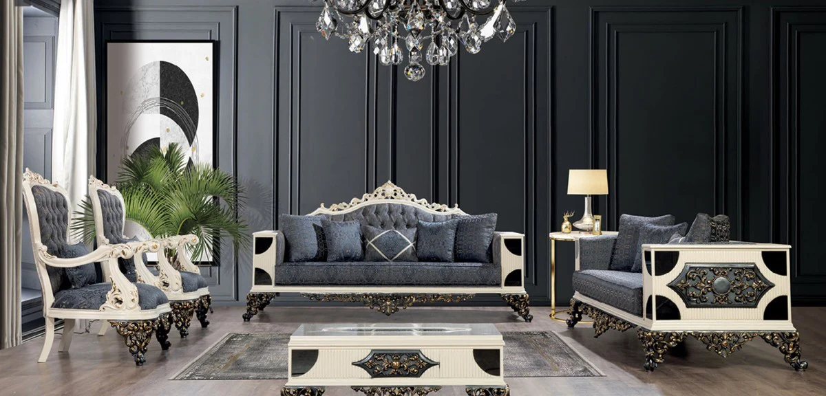 Luxury Baroque Living Room Set Blue / White / Bronze / Gold - 2 Baroque Sofas & 2 Baroque Armchairs & 1 Baroque Coffee Table - Luxury Living Room Furniture in Baroque Style - Baroque Furniture