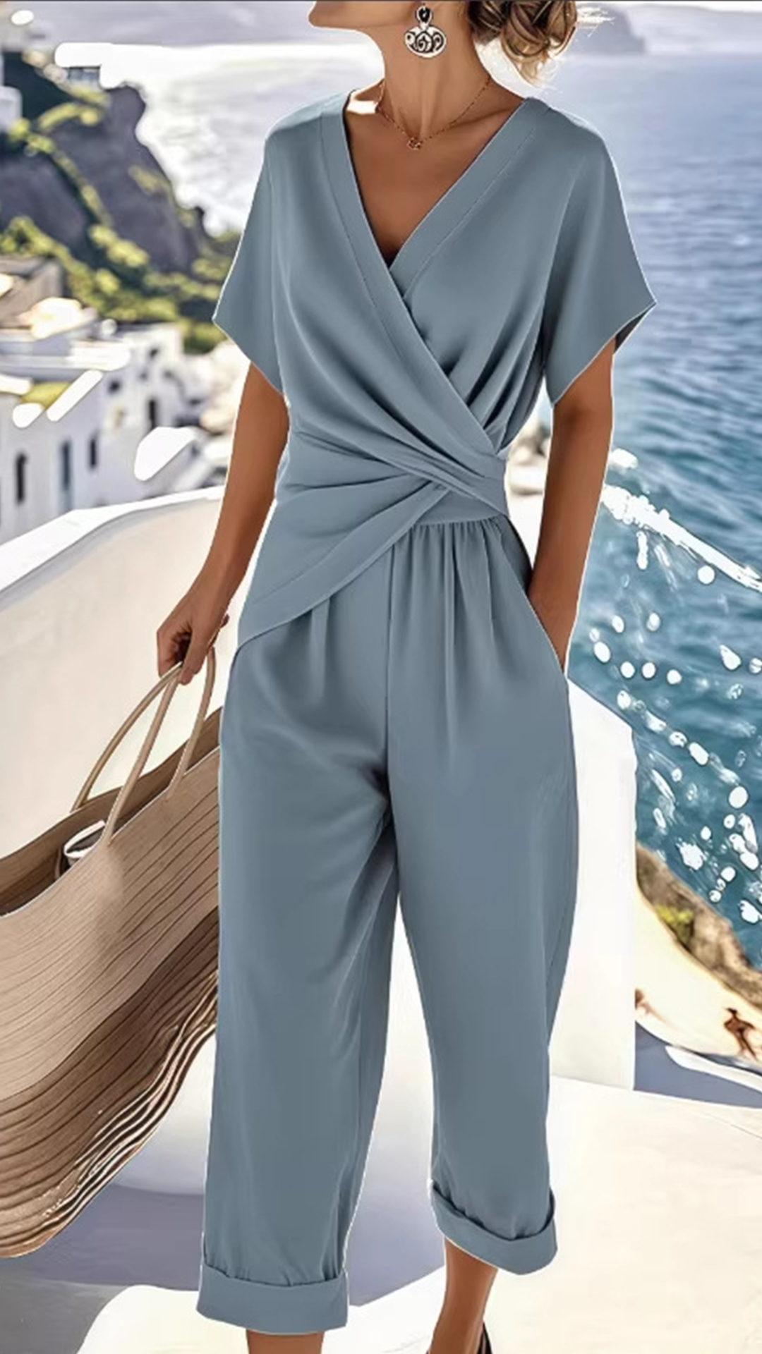Women's  Wrap-Waist Cotton-Blend Two-Piece Set - Nordfashionstorm - Women's Clothing, Fashion for You - Nordfashionstorm.com