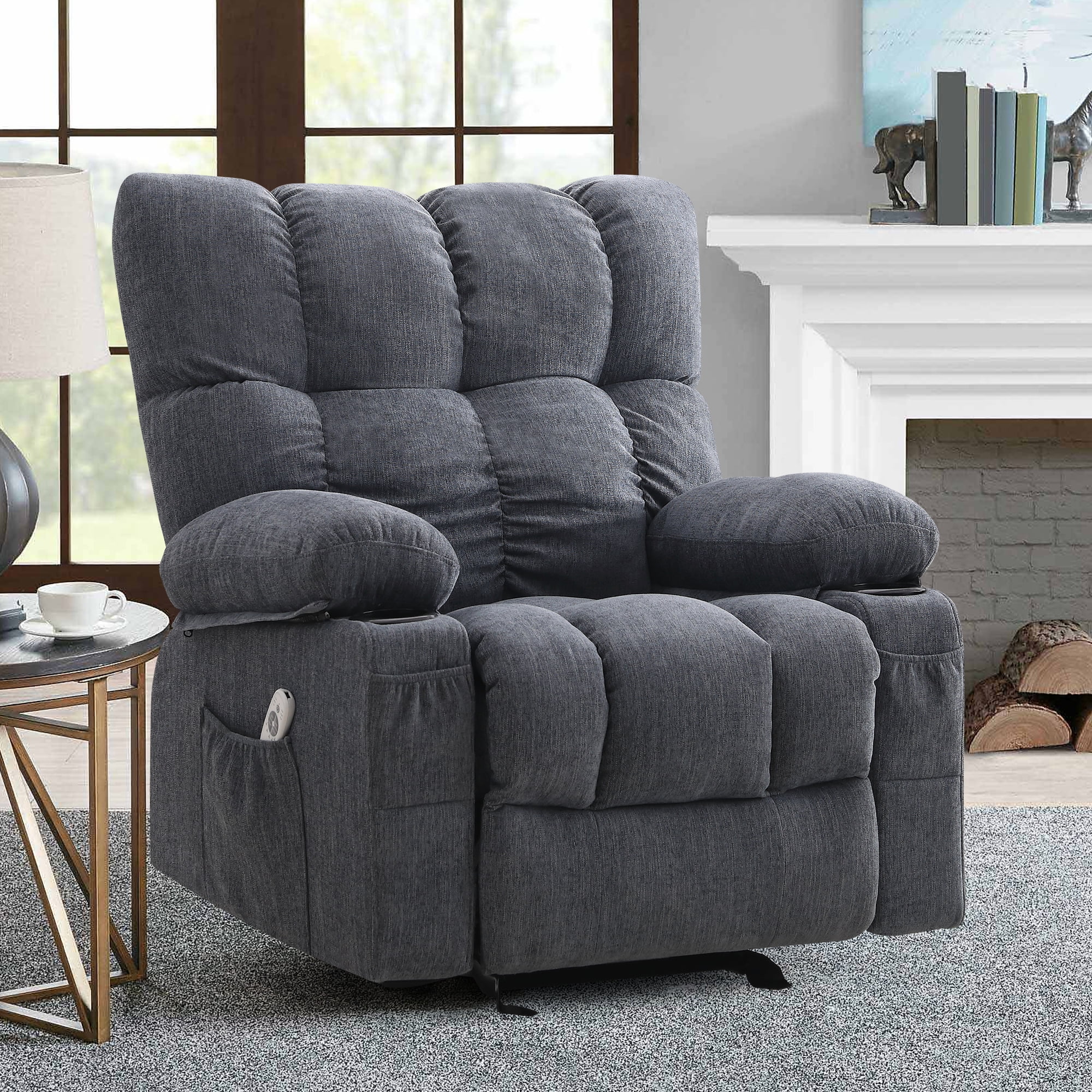 JONPONY Manual Recliner Chair with Heat Therapy and Massage Function, Heavy Duty Reclining Mechanism Massage Chair, Elderly Single Rocker Sofa with Cup Holders for Bedroom Home Theater, Grey