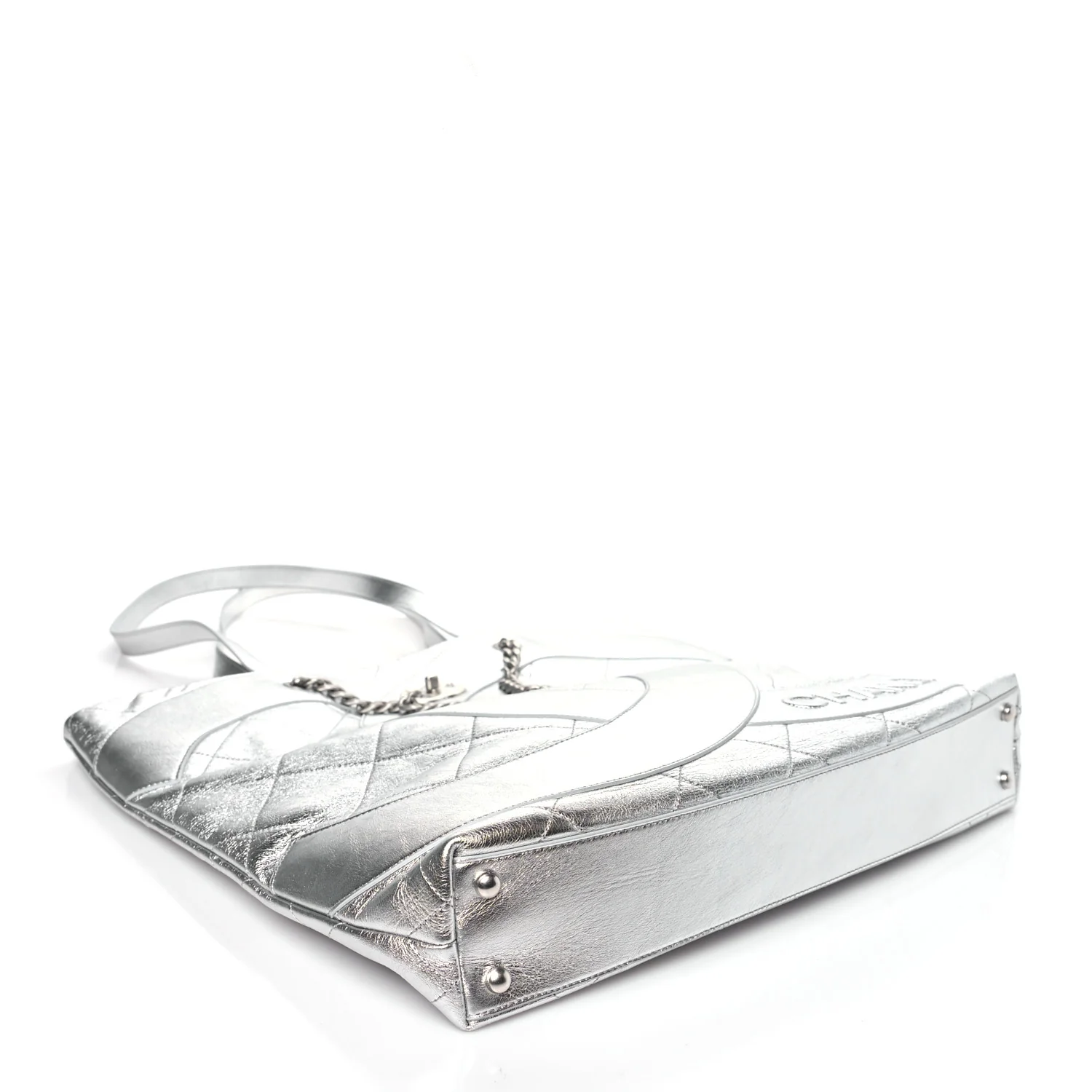 Metallic Calfskin Stitched CC Shopper Tote Silvery - Top Club
