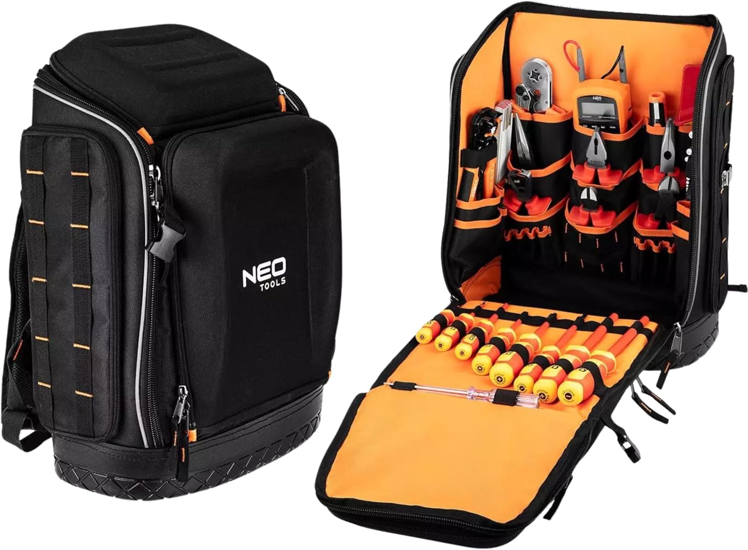 NEO TOOLS Zaino per attrezzi elettricisti, 31 pezzi, con attrezzi per un elettricista, 26 tasche, set di attrezzi per elettricisti mobili e durevoli, set di attrezzi elettrici in uno zaino