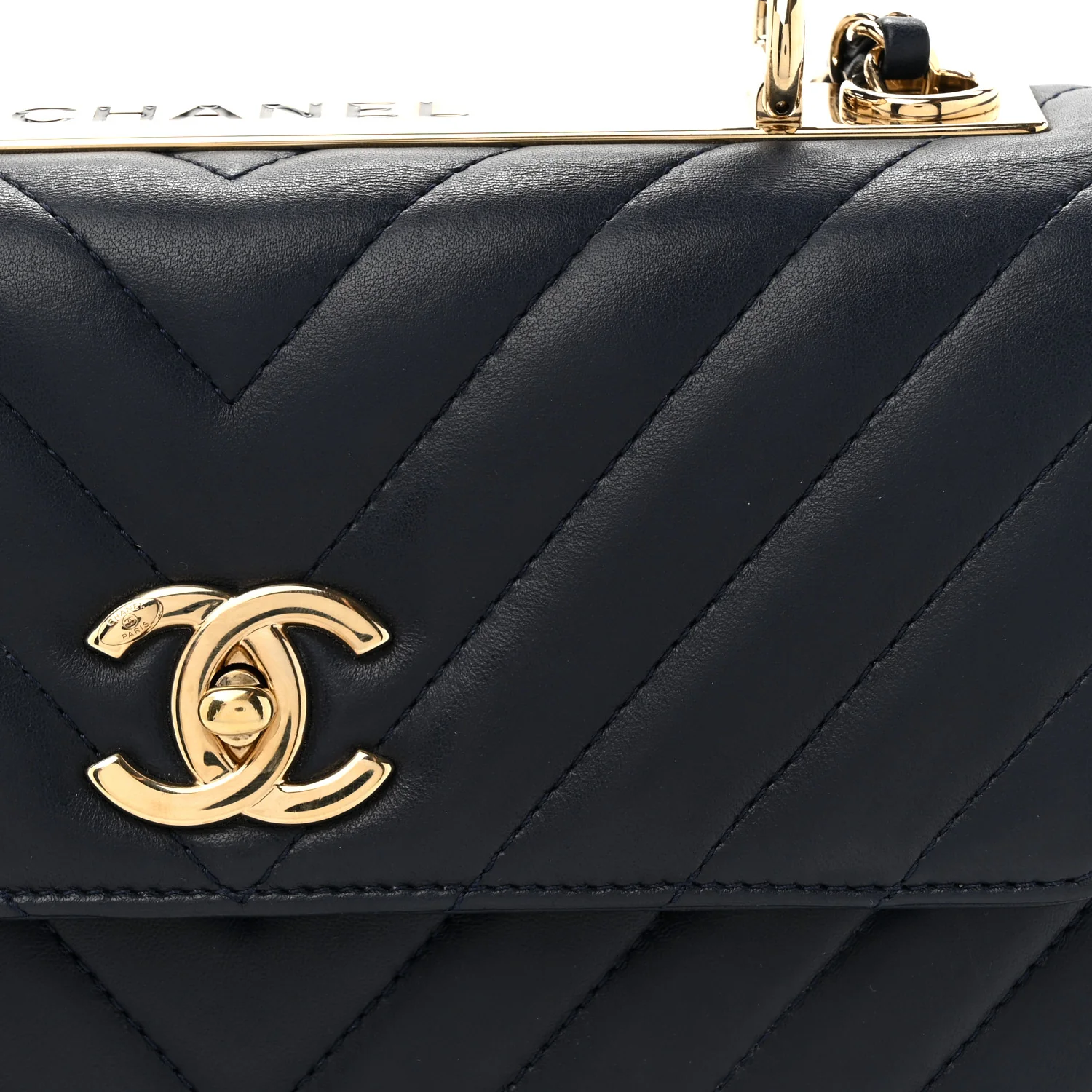 Lambskin Chevron Quilted Small Trendy CC Flap Dual Handle Bag Navy - Top Club