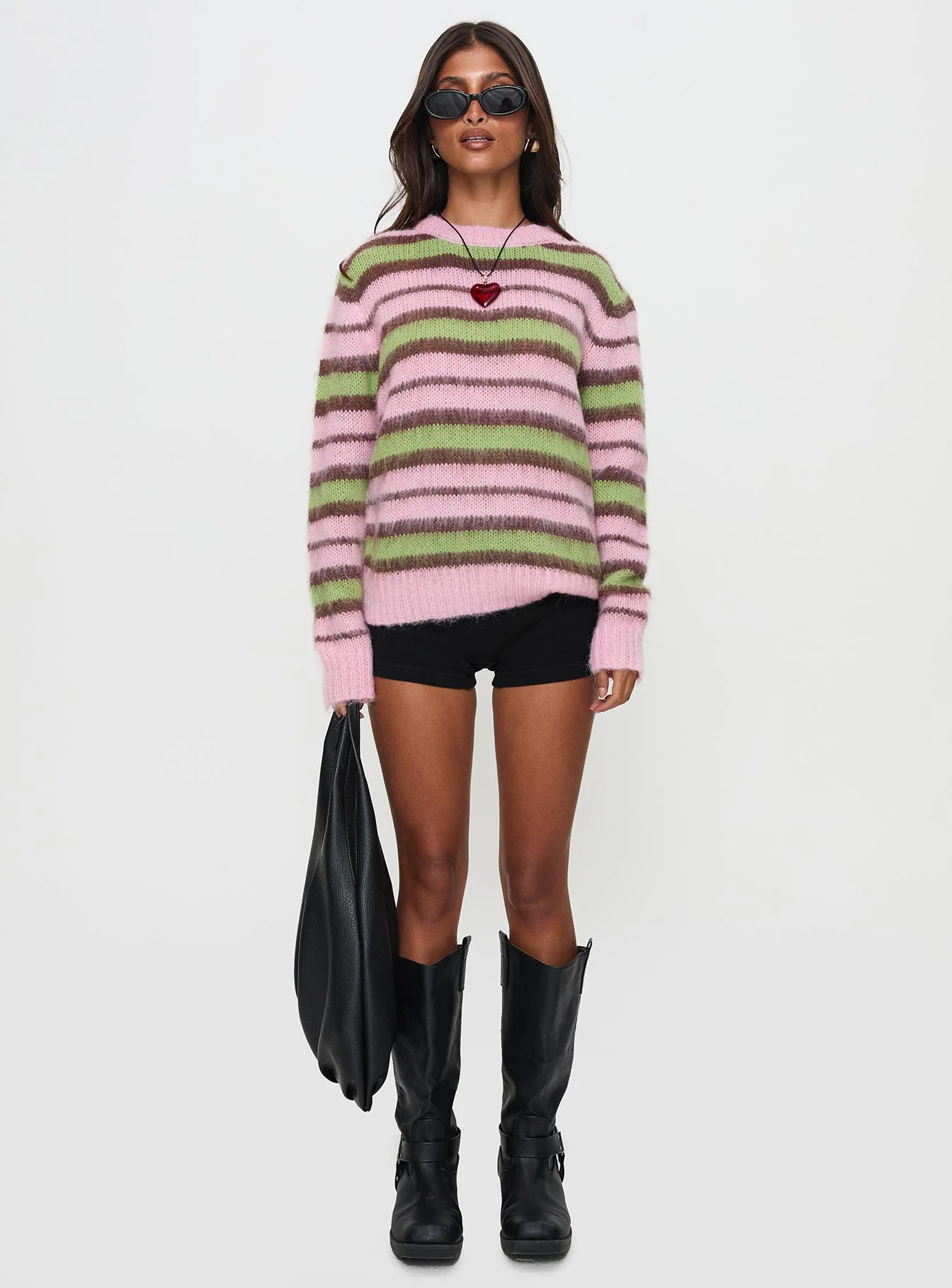Maysie Crew Neck Knit Sweater Green / Pink