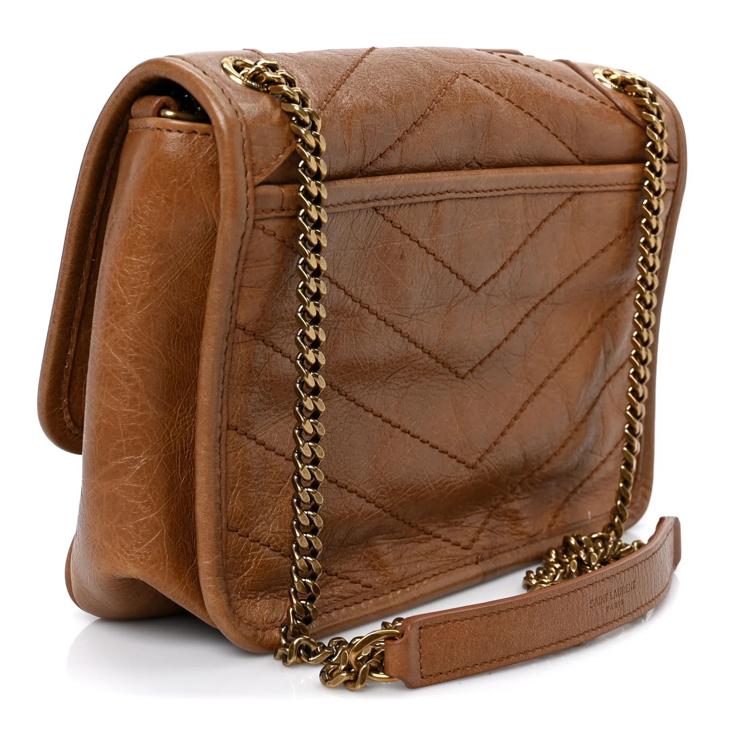 Crinkled Calfskin Matelasse Monogram Baby Niki Chain Satchel Light Caramel