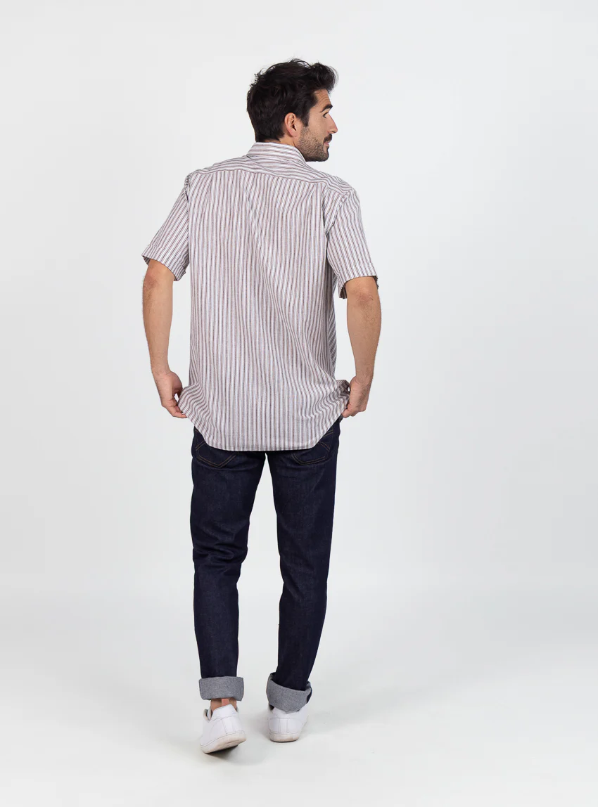Chemise estivale homme coton rayé marron