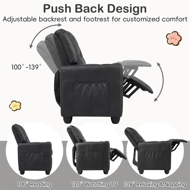 2-Seater Kids Recliner, PU Leather Reclining Loveseat with Cup Holders & 2 Side Storage Pockets, Adjustable Double Toddler Sofa for Boys Girls