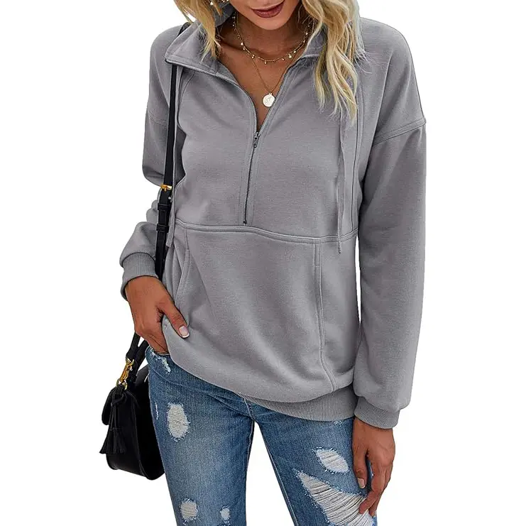 PrettyGarden Women's Casual Long Sleeve Lapel Zipper Sweatshirt Drawstring Loose Pullover Tops Fall Sweater-Womenswear Cotton Fabric