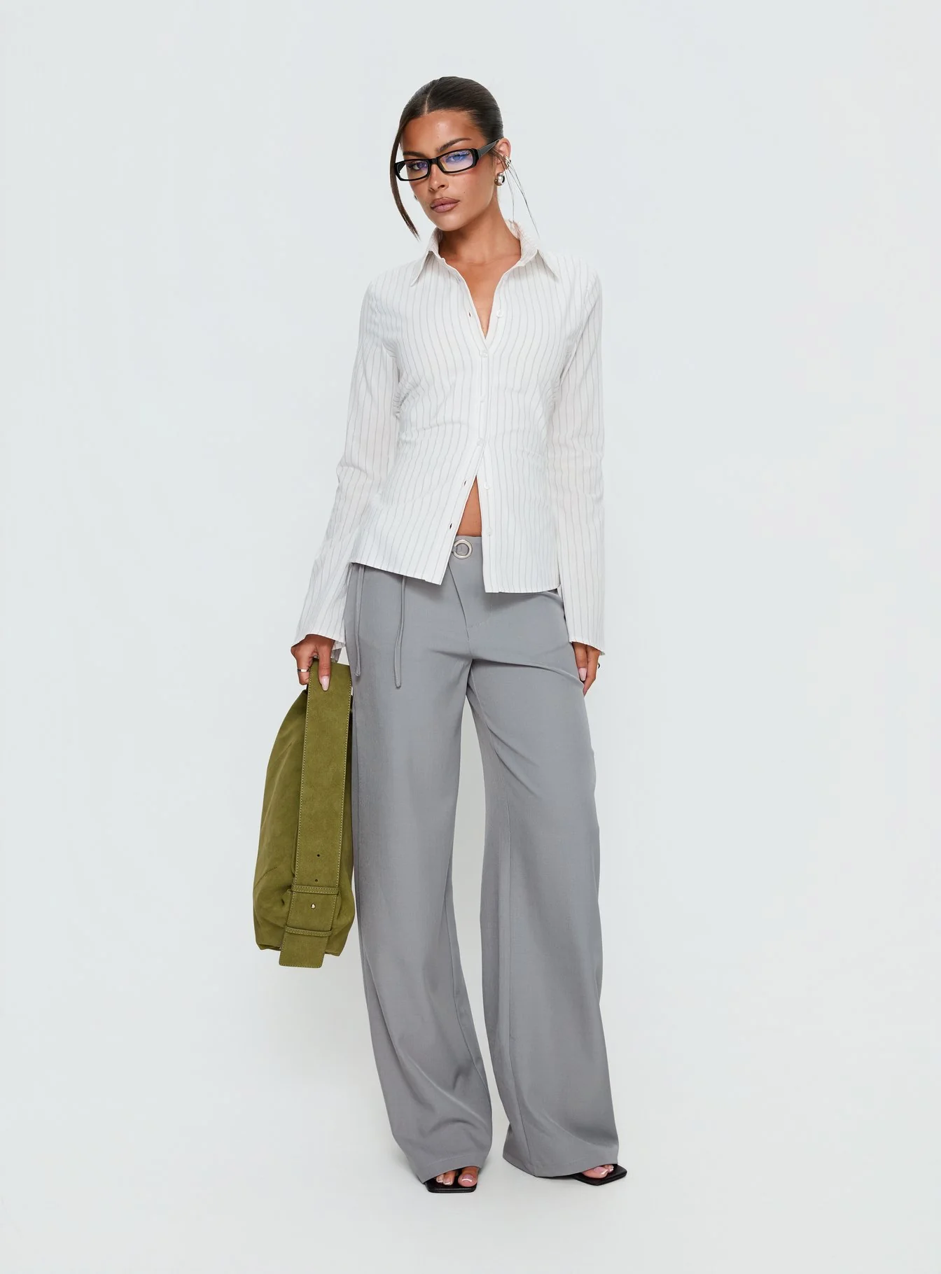 Eryx Tie Back Button Up Top White Pinstripe