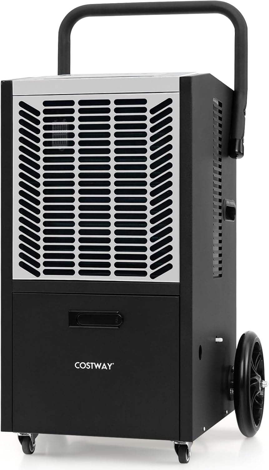 COSTWAY 66 L Deumidificatore Commerciale, Deumidificatore con Pompa e Tubo di Drenaggio, Deumidificatore Industriale con Timer 24H e 4 Ruote per Cantina Magazzino (Bianco)