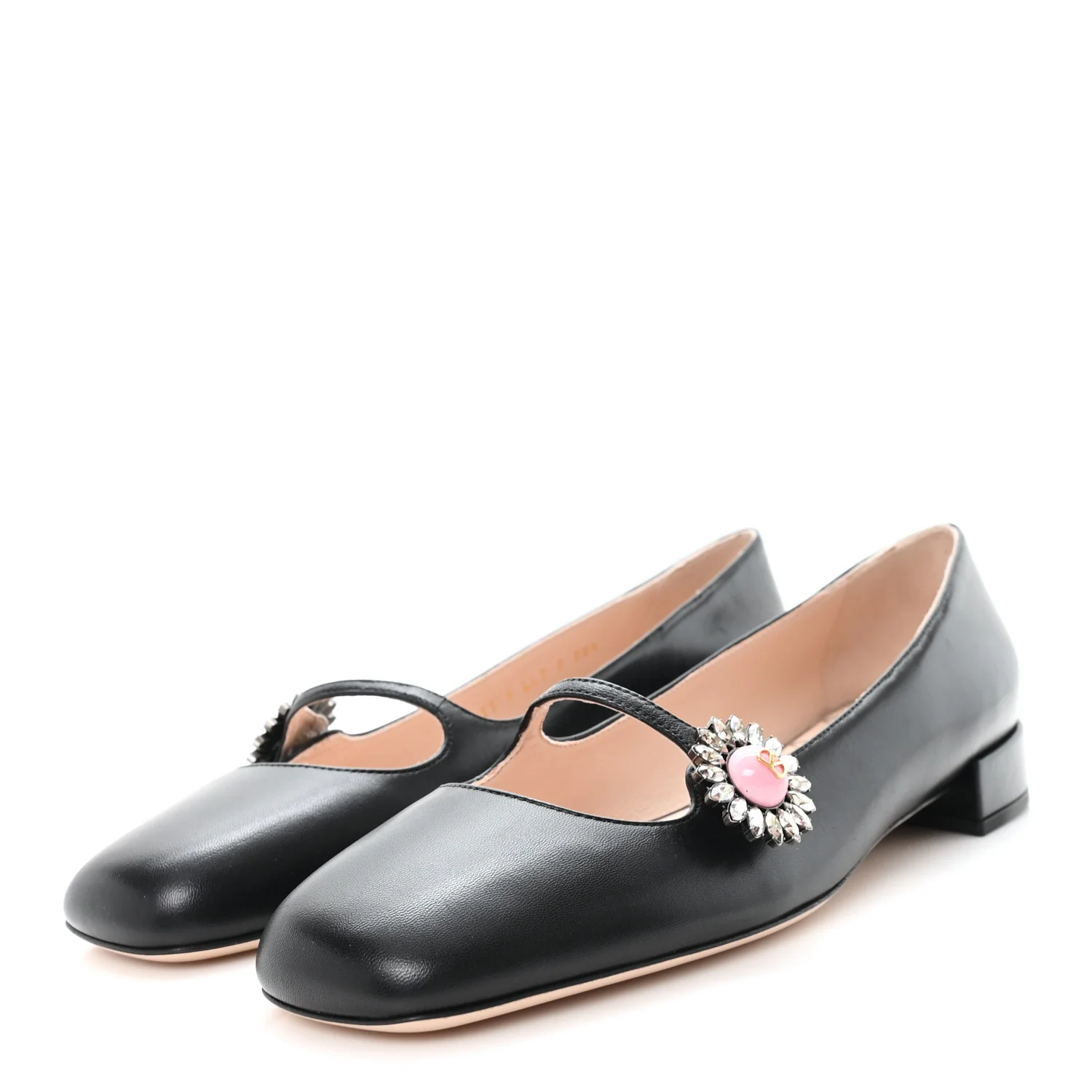 Kidskin Jewel Button Mary Jane Flats  38.5 Black Pink - Top Club