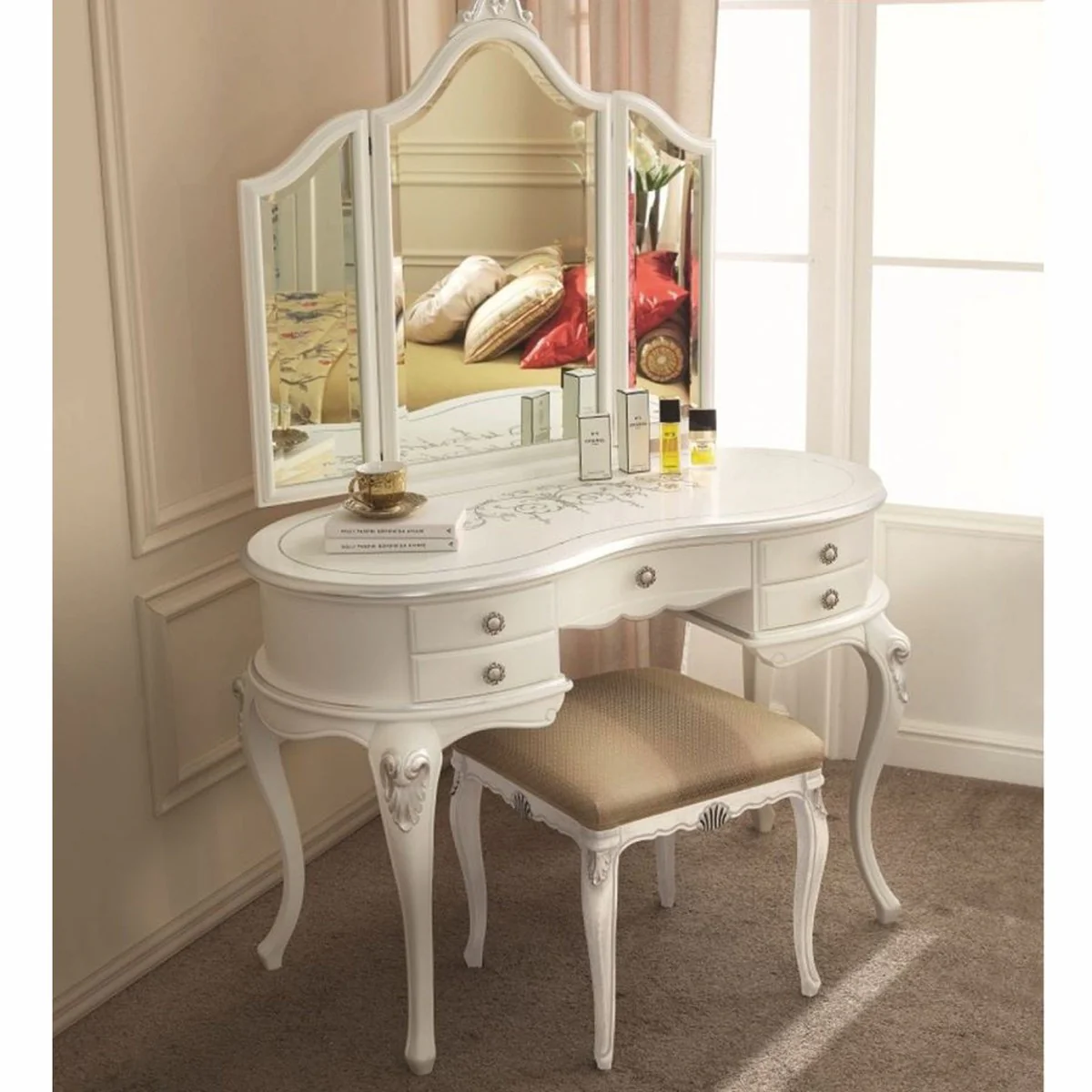 Luxury Baroque Dressing Table Set White / Silver / Brown - Made in Italy