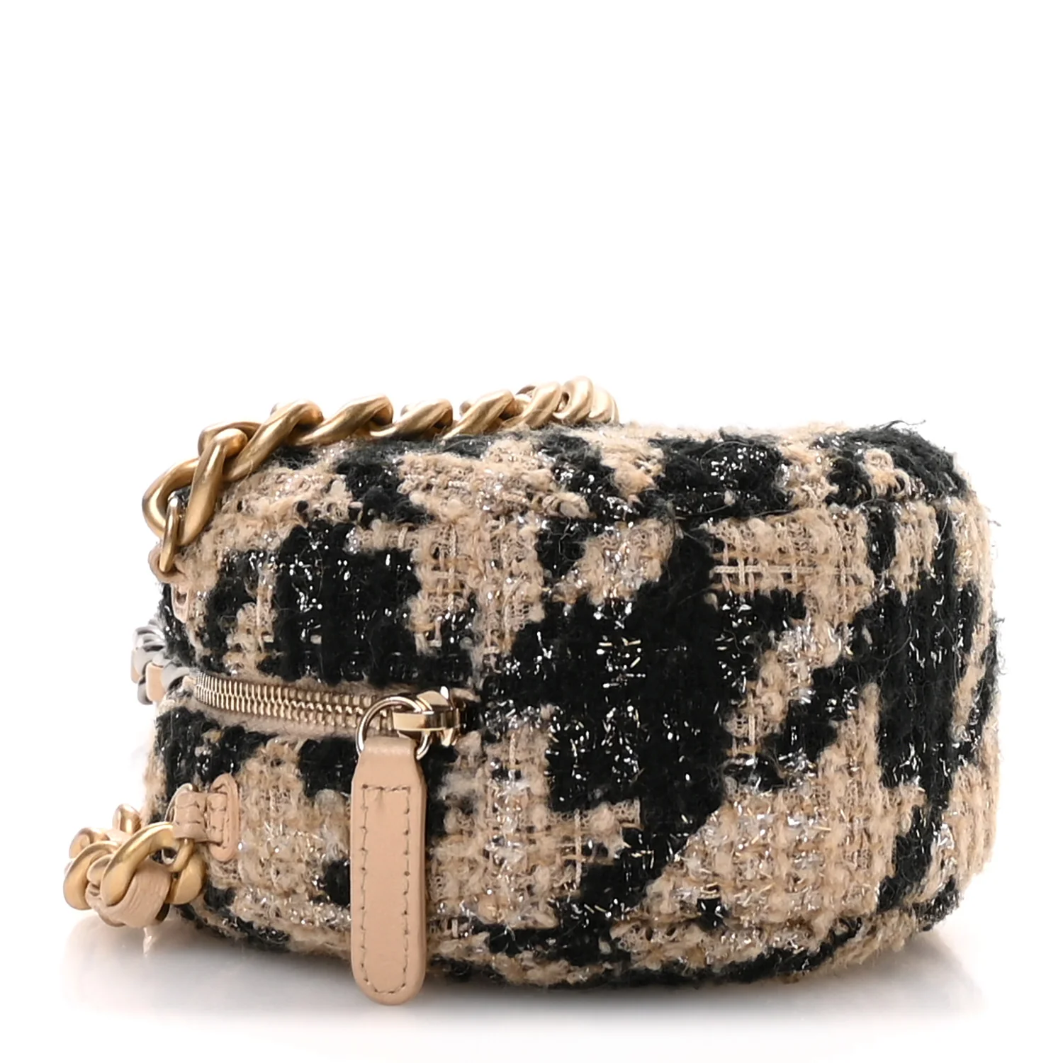 Wool Tweed Lambskin Quilted Chanel 19 Round Clutch With Chain and Coin Purse Beige Black - Top Club