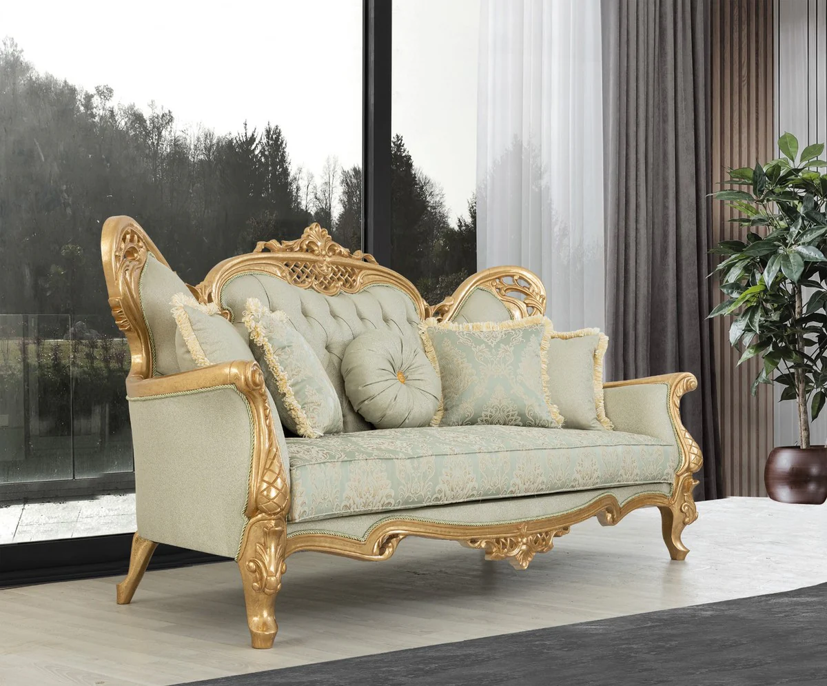 Luxury Baroque Living Room Set Light Green / Gold - 2 Sofas & 2 Armchairs & 1 Coffee Table - Handmade Baroque Living Room Furniture - Noble & Magnificent