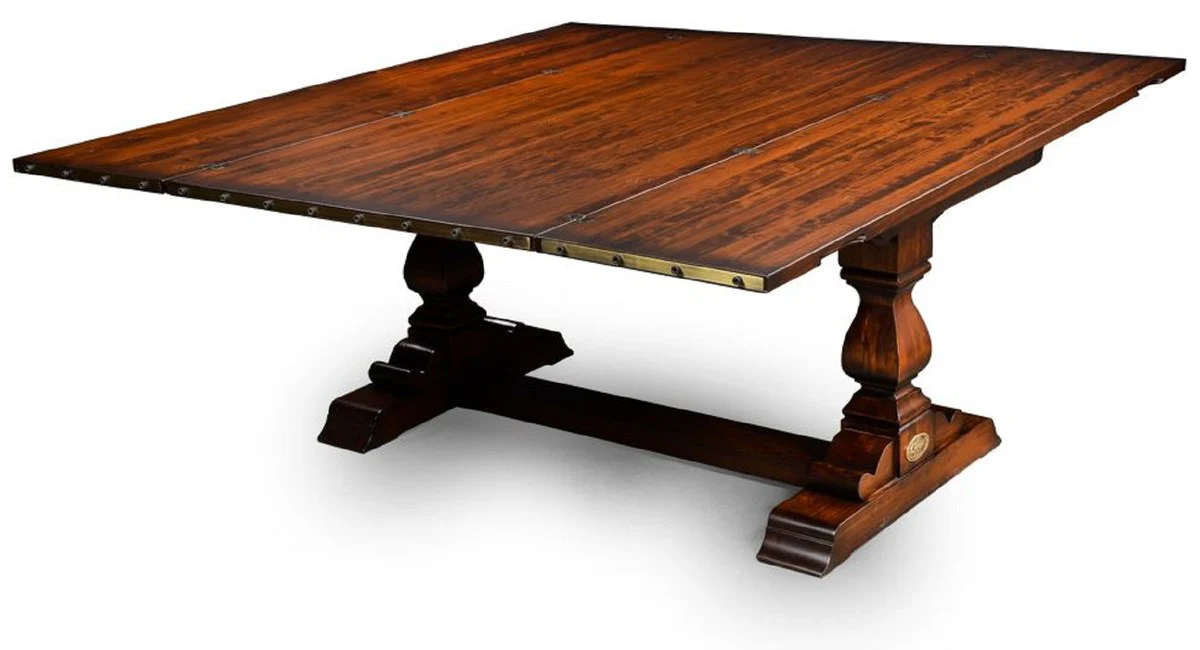 Luxury vintage style dining table brown / brass 180 x 85 x H. 78 cm - Rectangular solid wood dining room table with fold-out table top - Dining room furniture - Luxury vintage style furniture