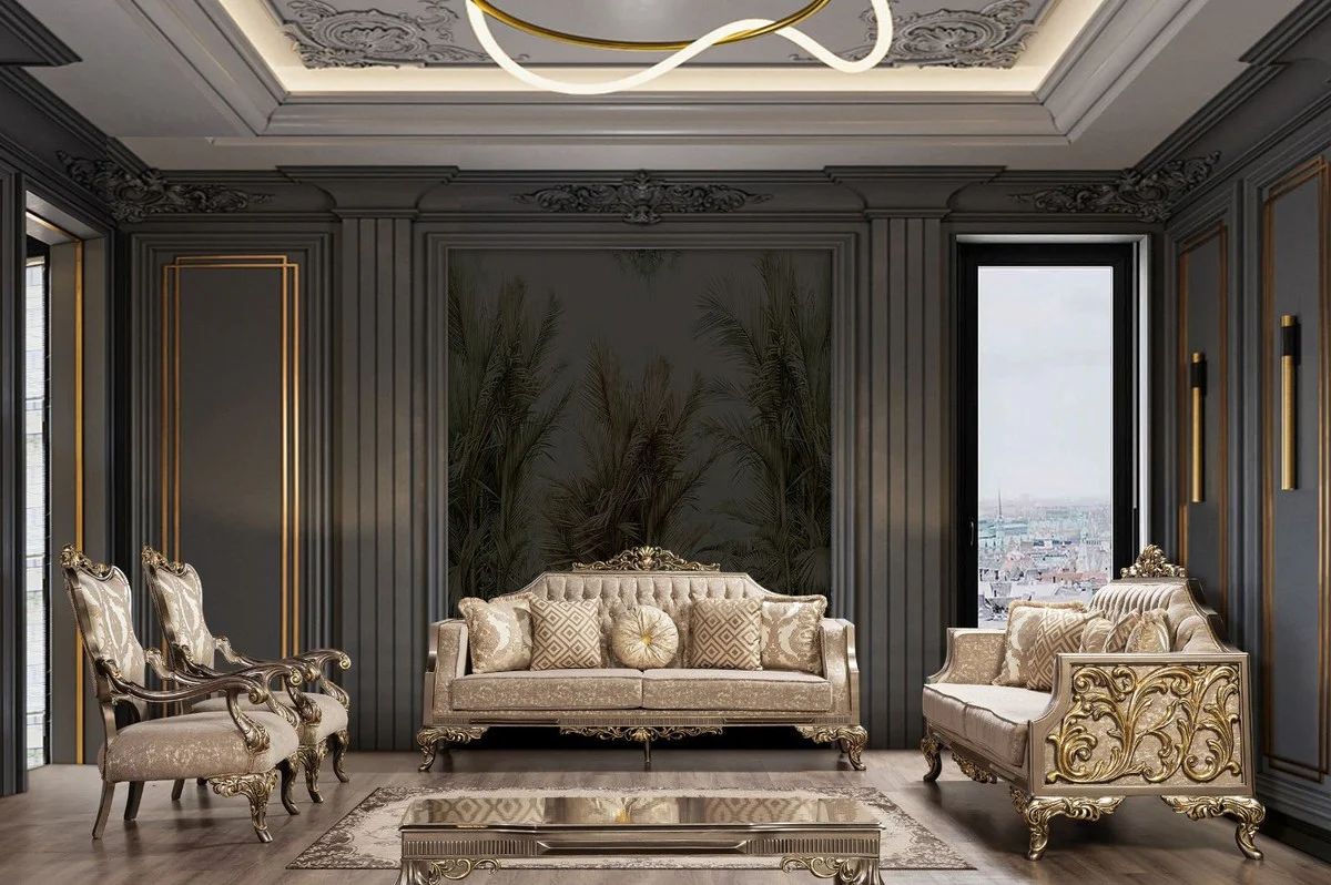 Luxury Baroque Sofa Gray / Beige / Silver / Gold - Magnificent Living Room Sofa with Pattern - Baroque Living Room Furniture - Noble & Magnificent