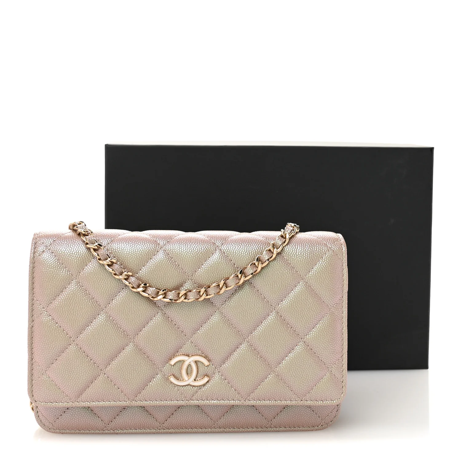 Iridescent Caviar Quilted Wallet on Chain WOC Beige - Top Club