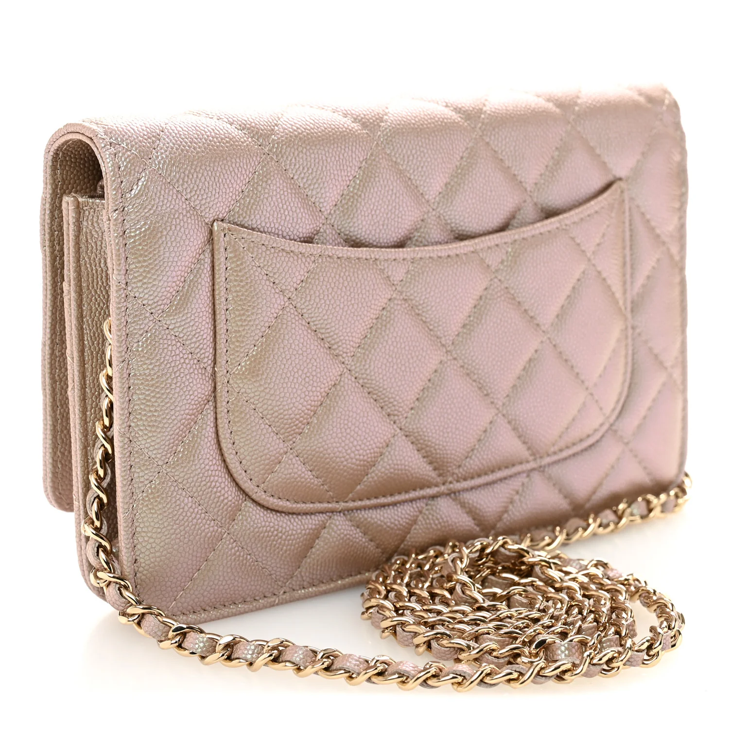 Iridescent Caviar Quilted Wallet on Chain WOC Beige - Top Club