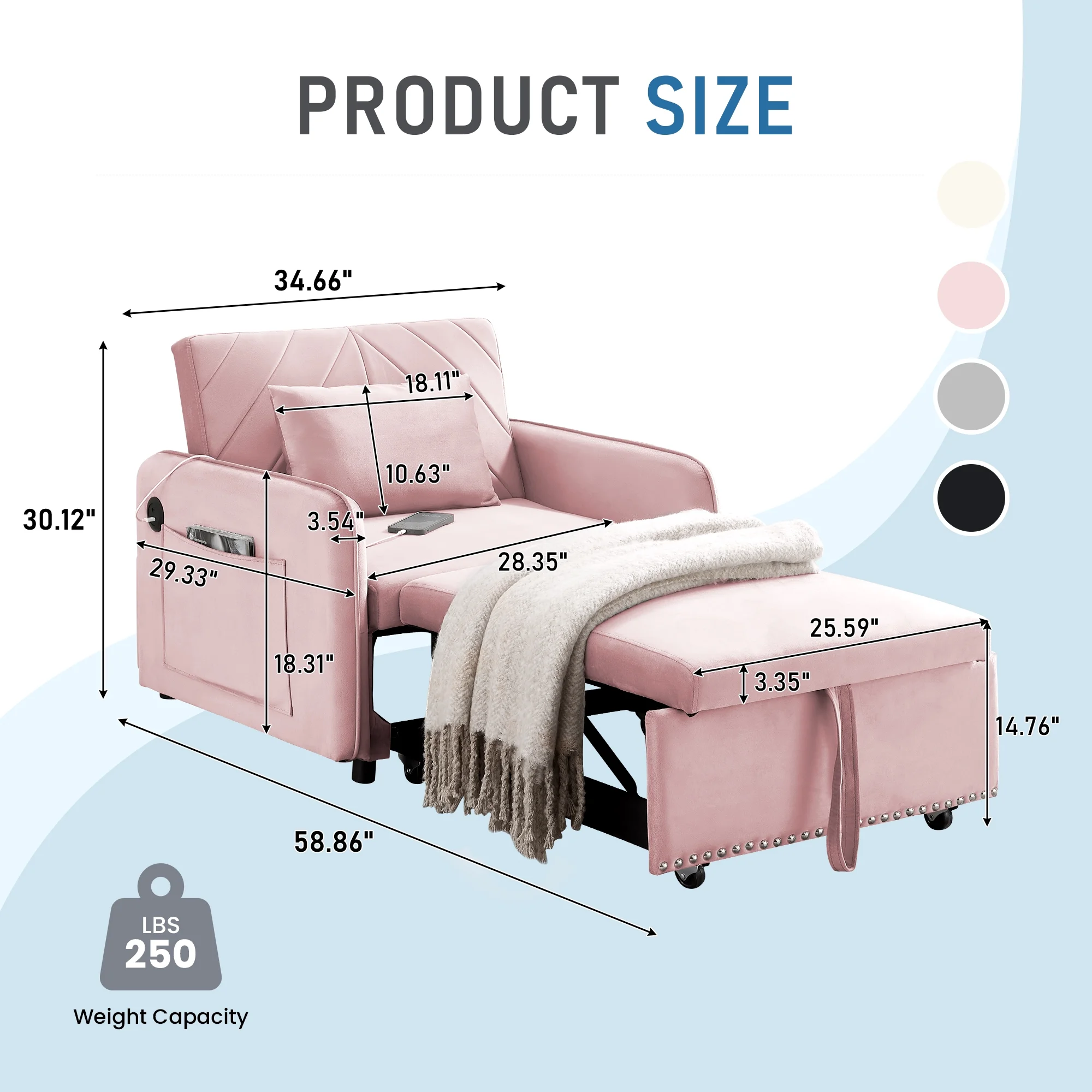 Lunale 3 - in - 1 Convertible Sleeper Chair Bed, Indoor Lounge Chair with USB/Type - C Charging Ports, Modern Recliner Sofa for Living Room, Gray Velvet