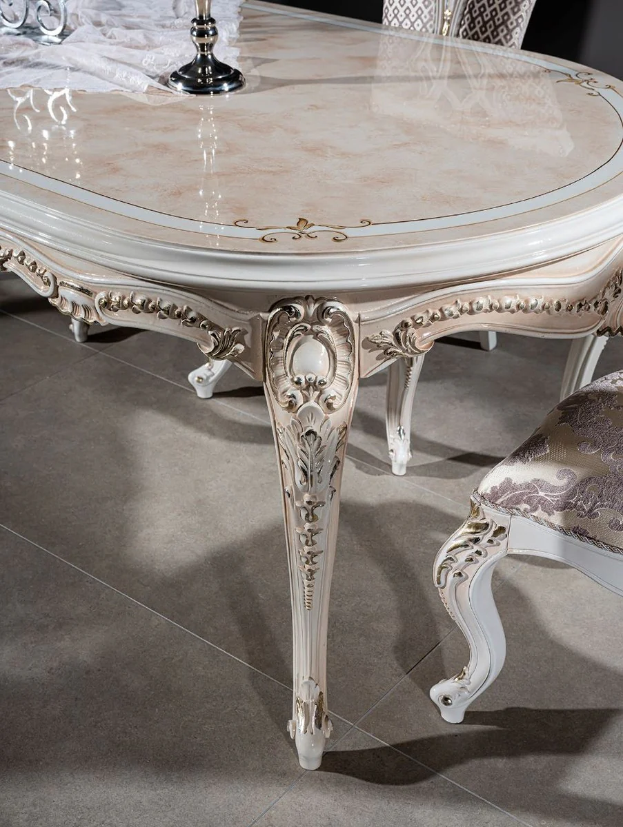 Luxury baroque dining table beige / white / gold 247 x 110 x H. 80 cm - Oval solid wood dining room table - Baroque dining room furniture - Noble & magnificent