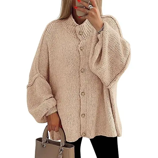 PrettyGarden Women's Winter Button Down Cardigan Sweaters Mock Neck Lantern Long Sleeve Chunky Knit Jacket Trendy Outerwear