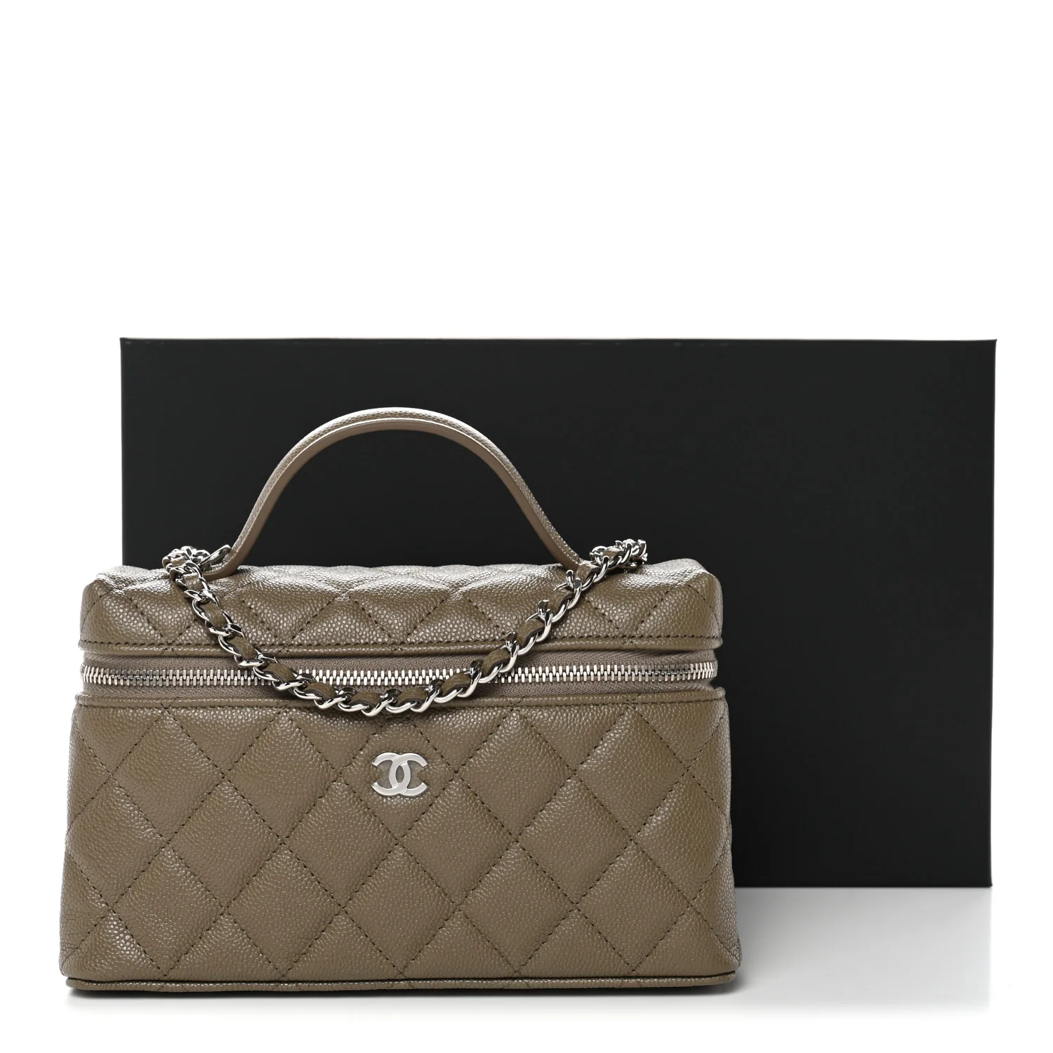 Caviar Quilted Top Handle Slim Vanity With Chain Dark Khaki - Top Club