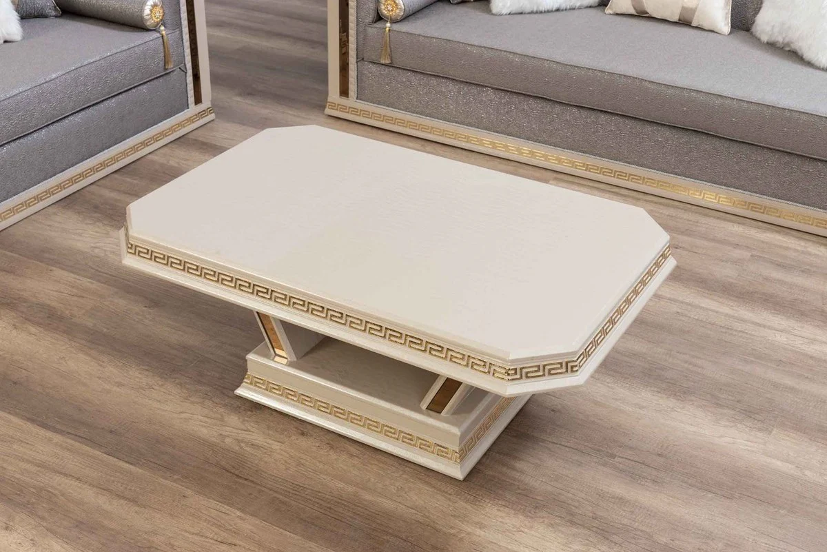 Luxury Art Deco Coffee Table Cream / Gold - Handcrafted Solid Wood Living Room Table - Art Deco Living Room Furniture