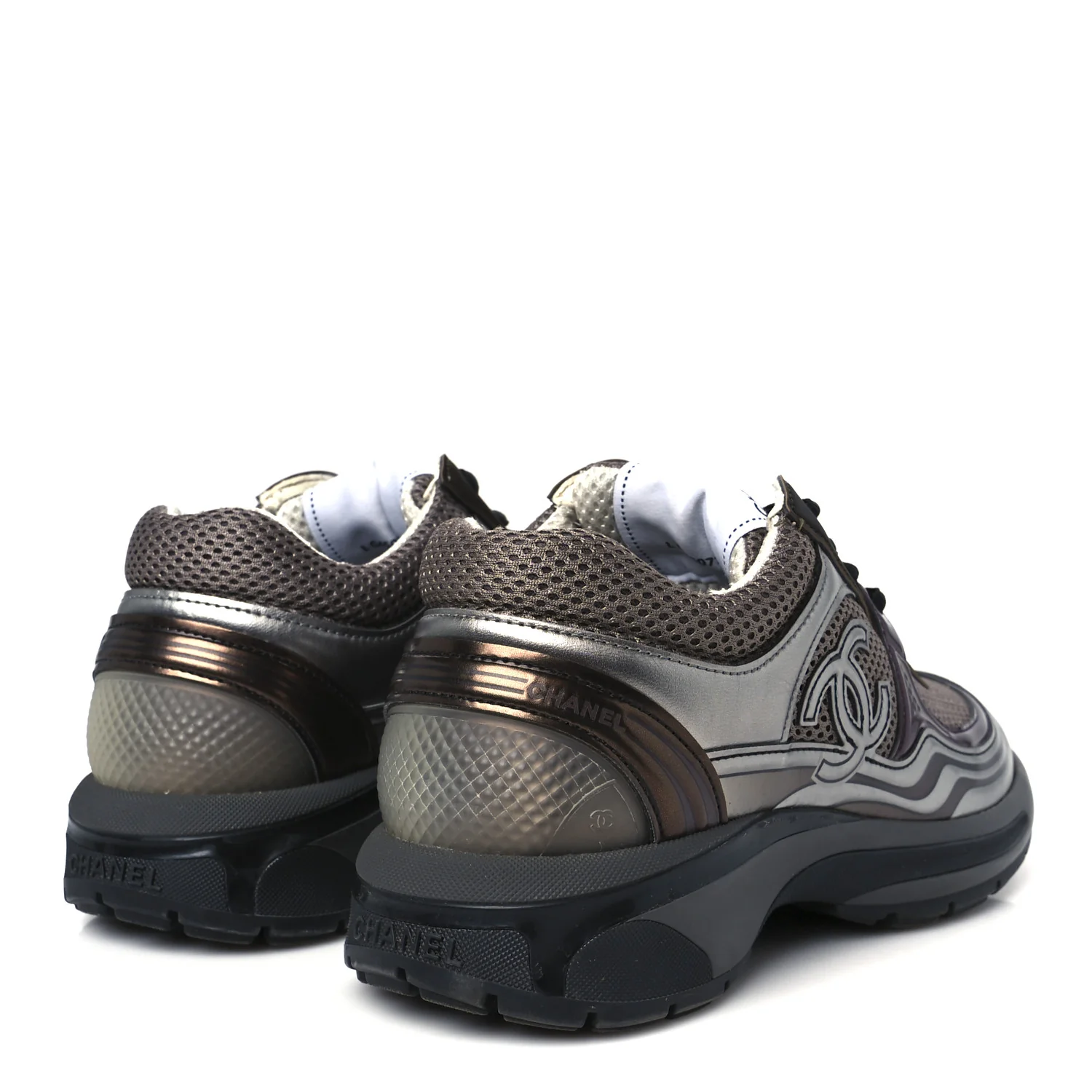 Fabric Laminated Calfskin Stretch CC Womens Sneakers 37 Khaki Silver Dark Purple - Top Club