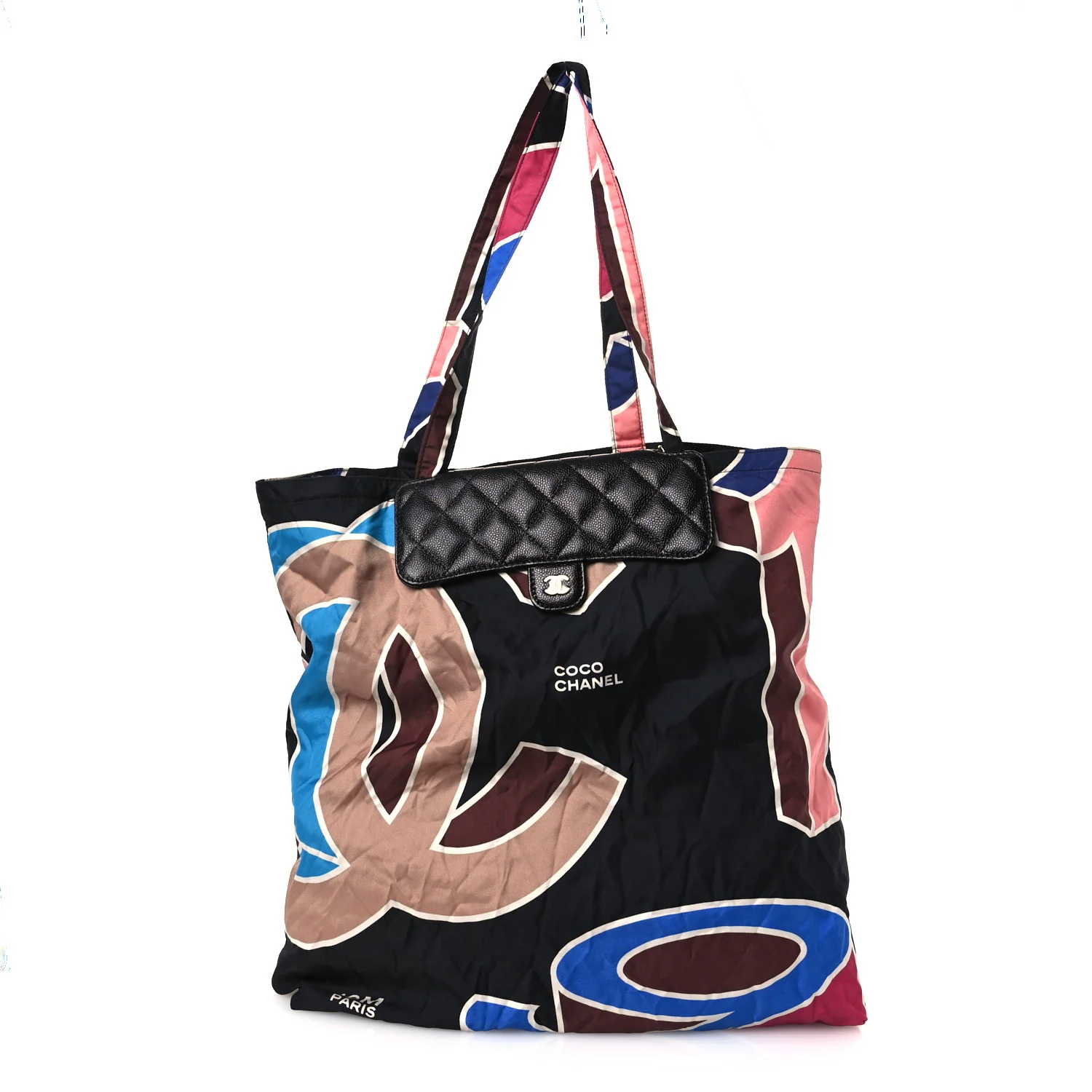 Caviar Fabric Foldable Tote Bag With Chain Black Multicolor - Top Club