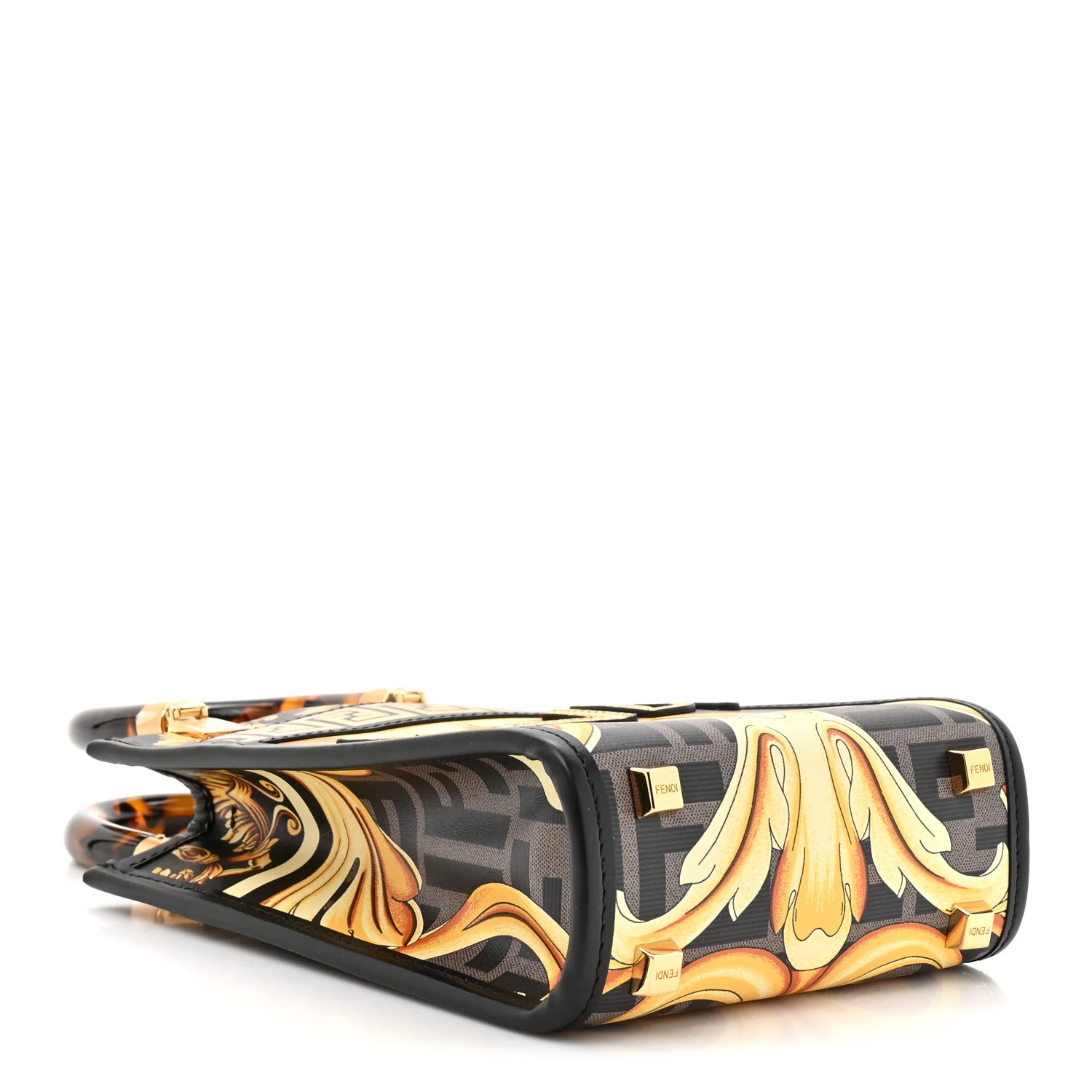 X VERSACE Vitello King Catalan Mirror Plexiglass Fendace FF Baroque Logo Mini Fendi Sunshine Shopper Tote Black Gold - Top Club