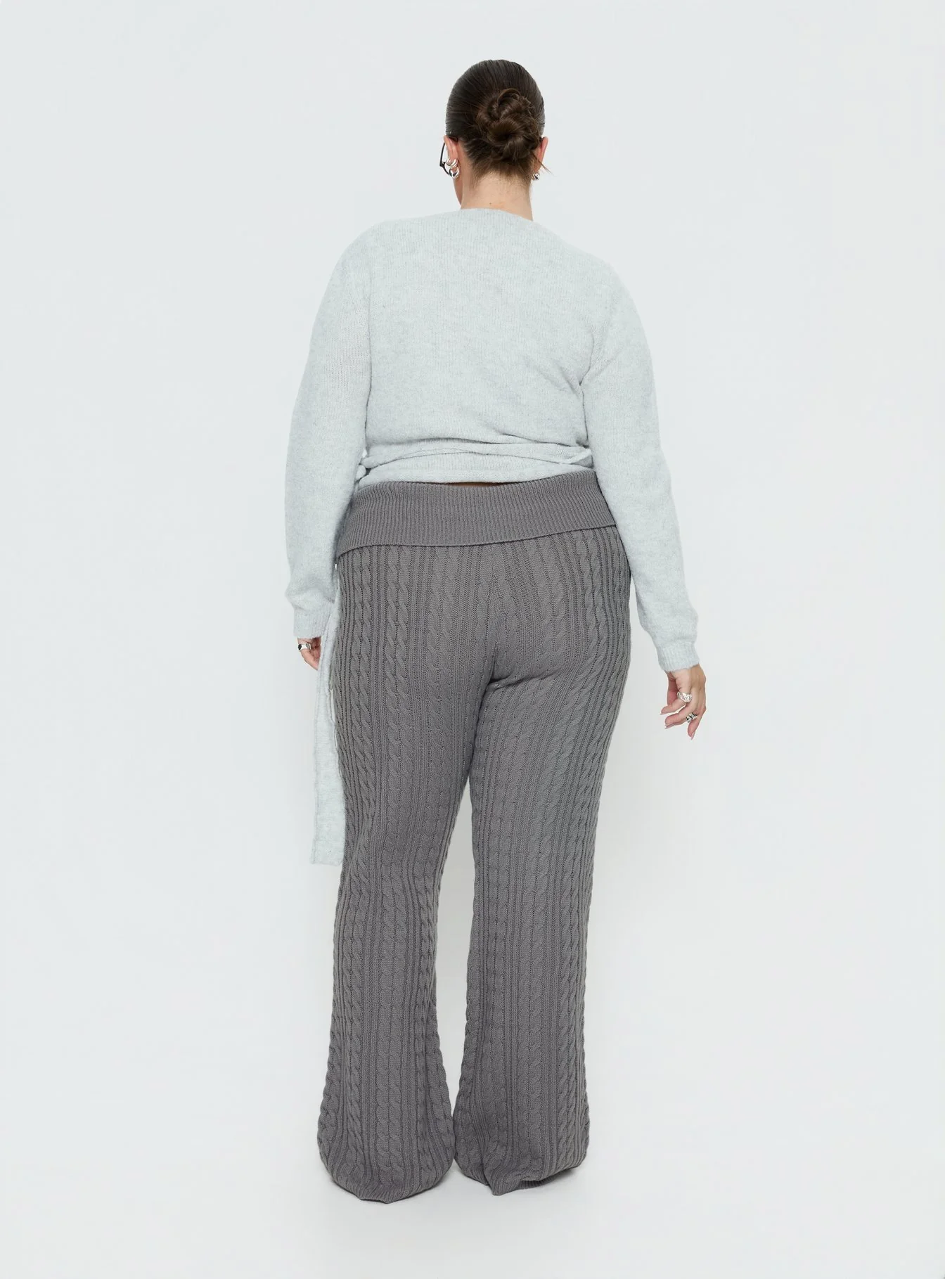Baleigh Cable Knit Foldover Pants Grey Curve