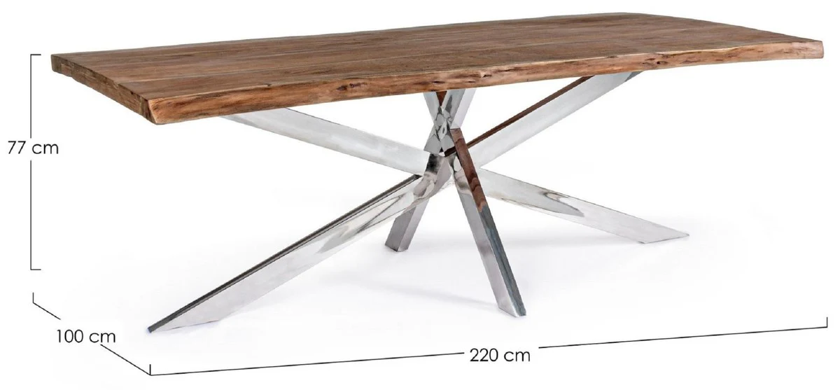 Luxury dining table brown / silver 220 x 100 x H. 77 cm - Rectangular kitchen table with solid wood table top and stainless steel legs - Dining room furniture - Kitchen furniture - Luxury furniture