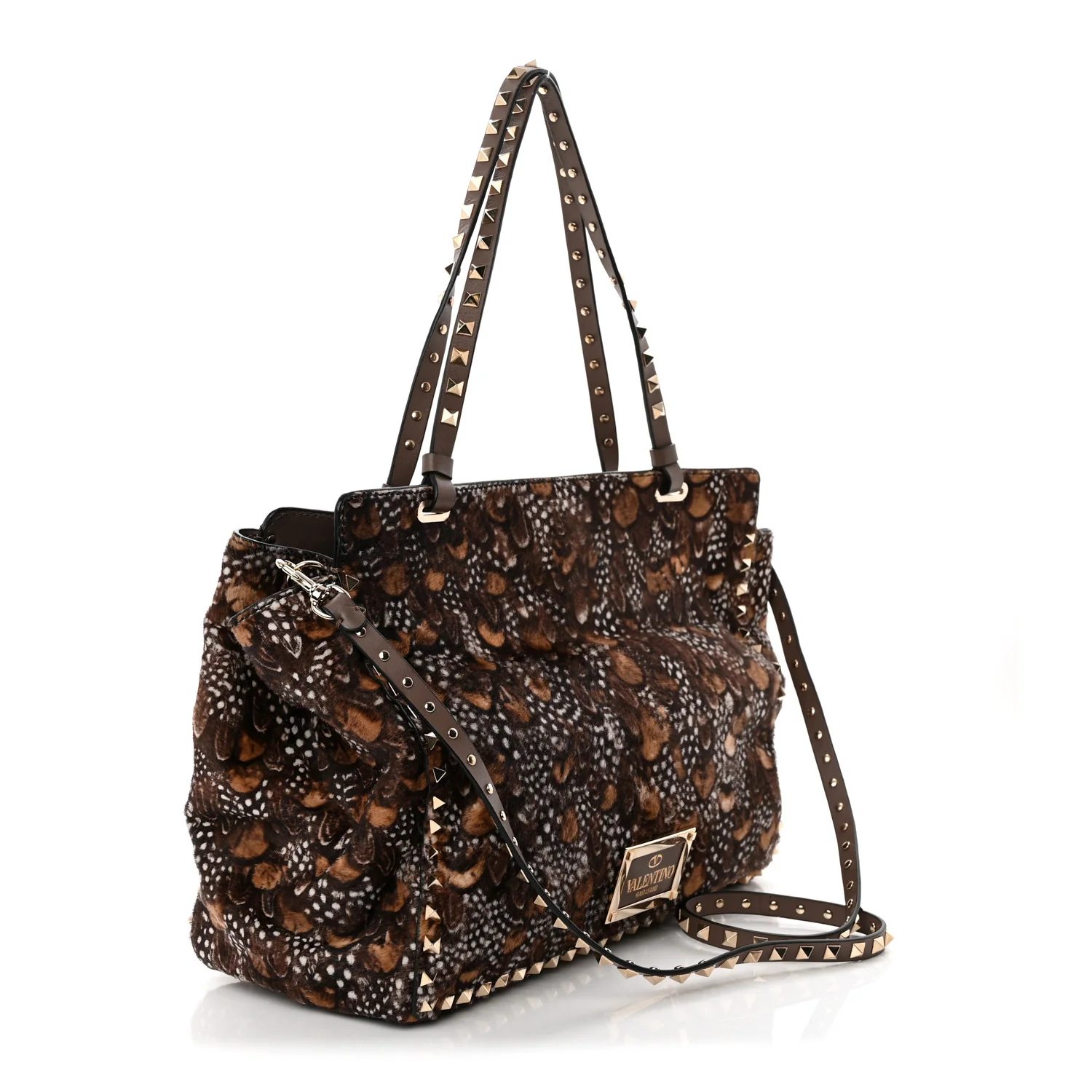 Calf Hair Feather Medium Rockstud Tote Brown - Top Club
