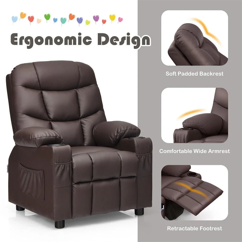 Kids Recliner Chair Adjustable Velvet Lounge Sofa with Cup Holders, 3 Pockets, Retractable Footrest, Toddler Furniture Sofa for Boys Girls Room