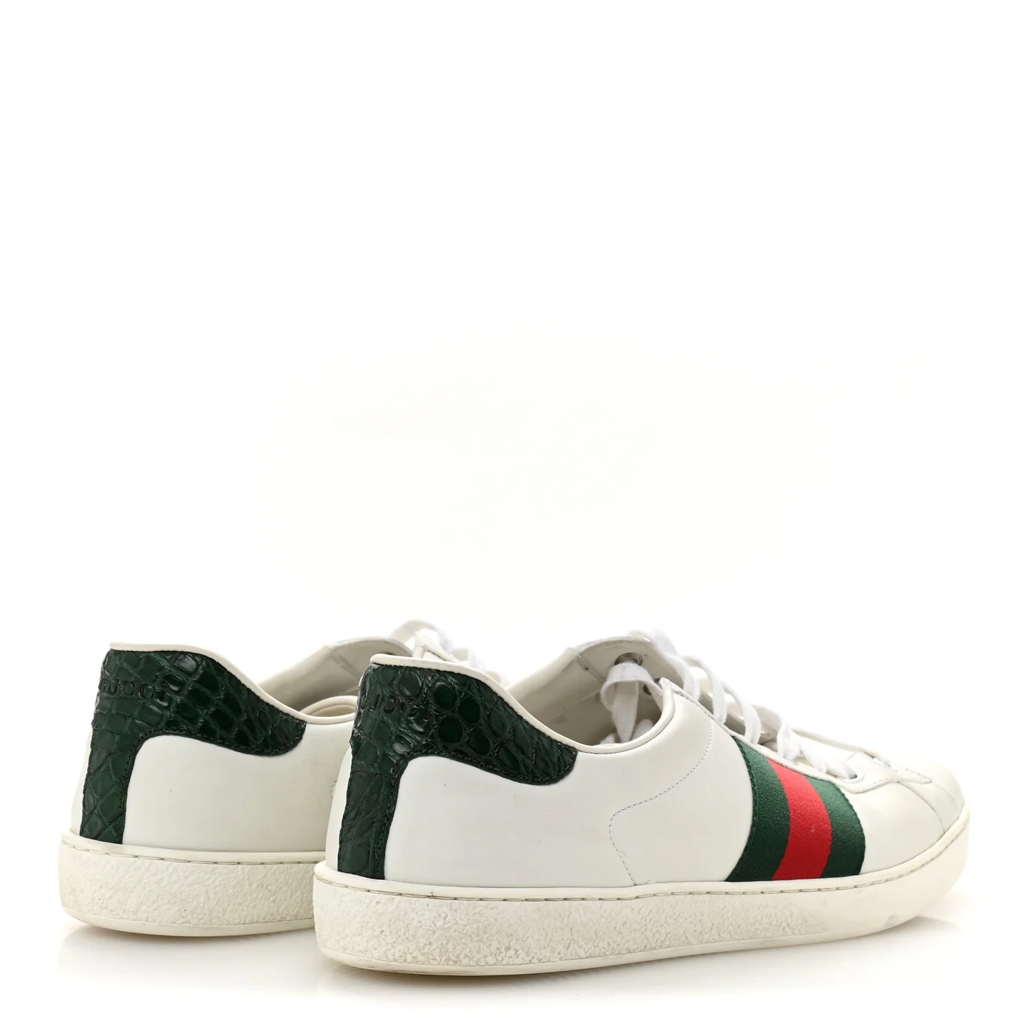 Calfskin Crocodile Web Mens Ace Sneakers 9 White Green - Top Club